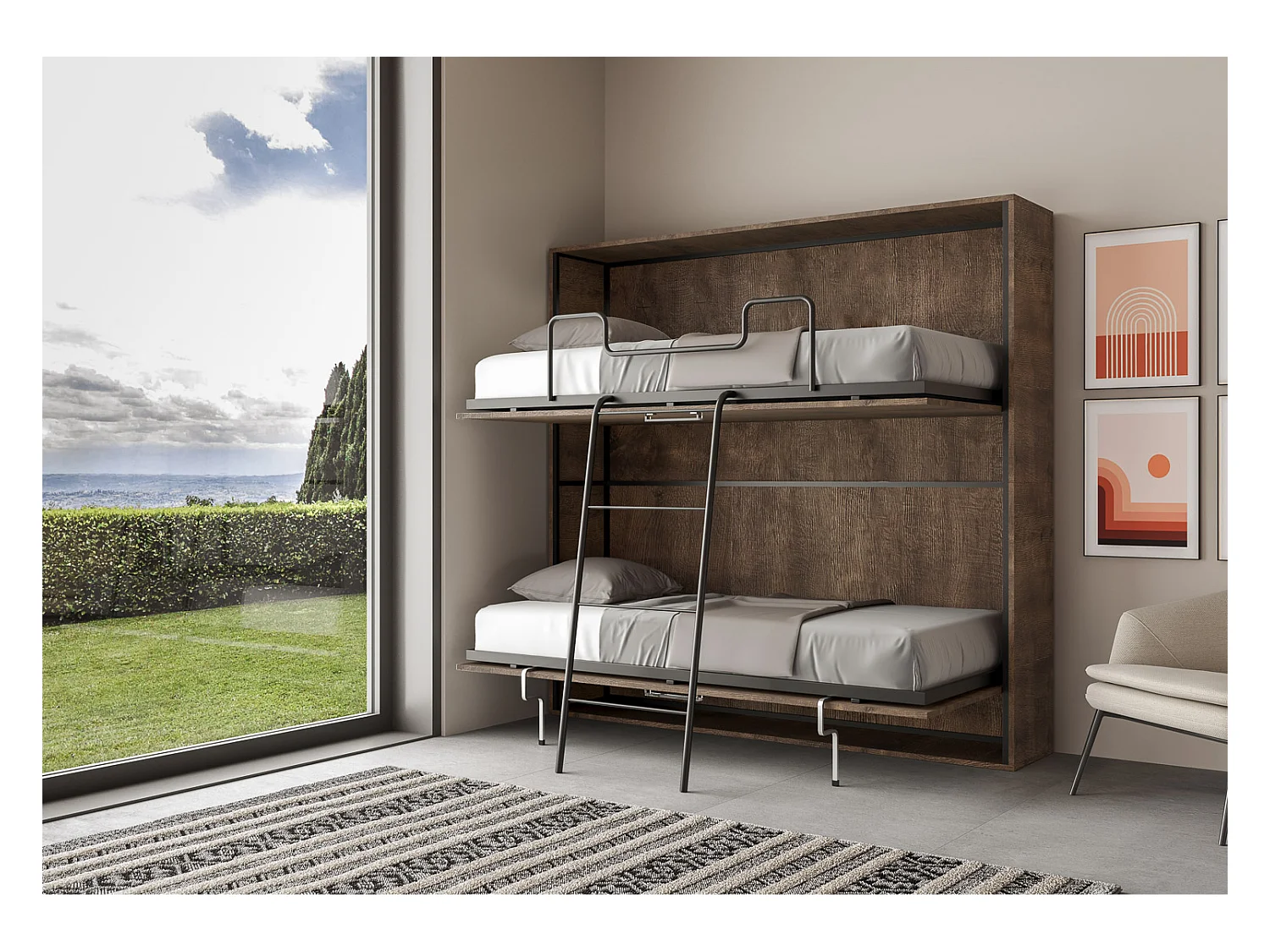 Schrankbett Kando Etagenbett 2 Schlafplätze horizontal mit Matratzen Nussbaum