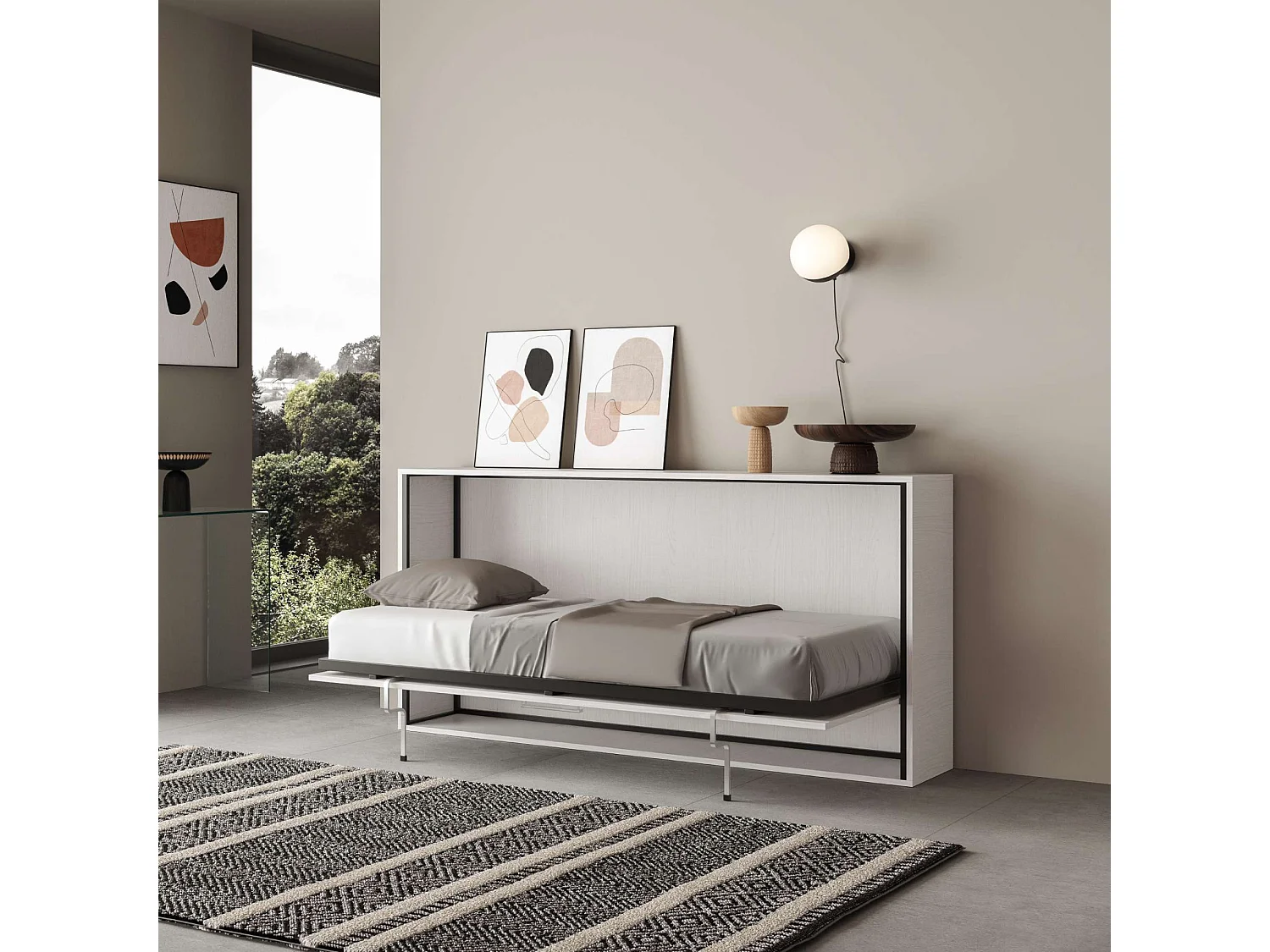 Letto singolo a scomparsa Kando con materasso bianco frassino