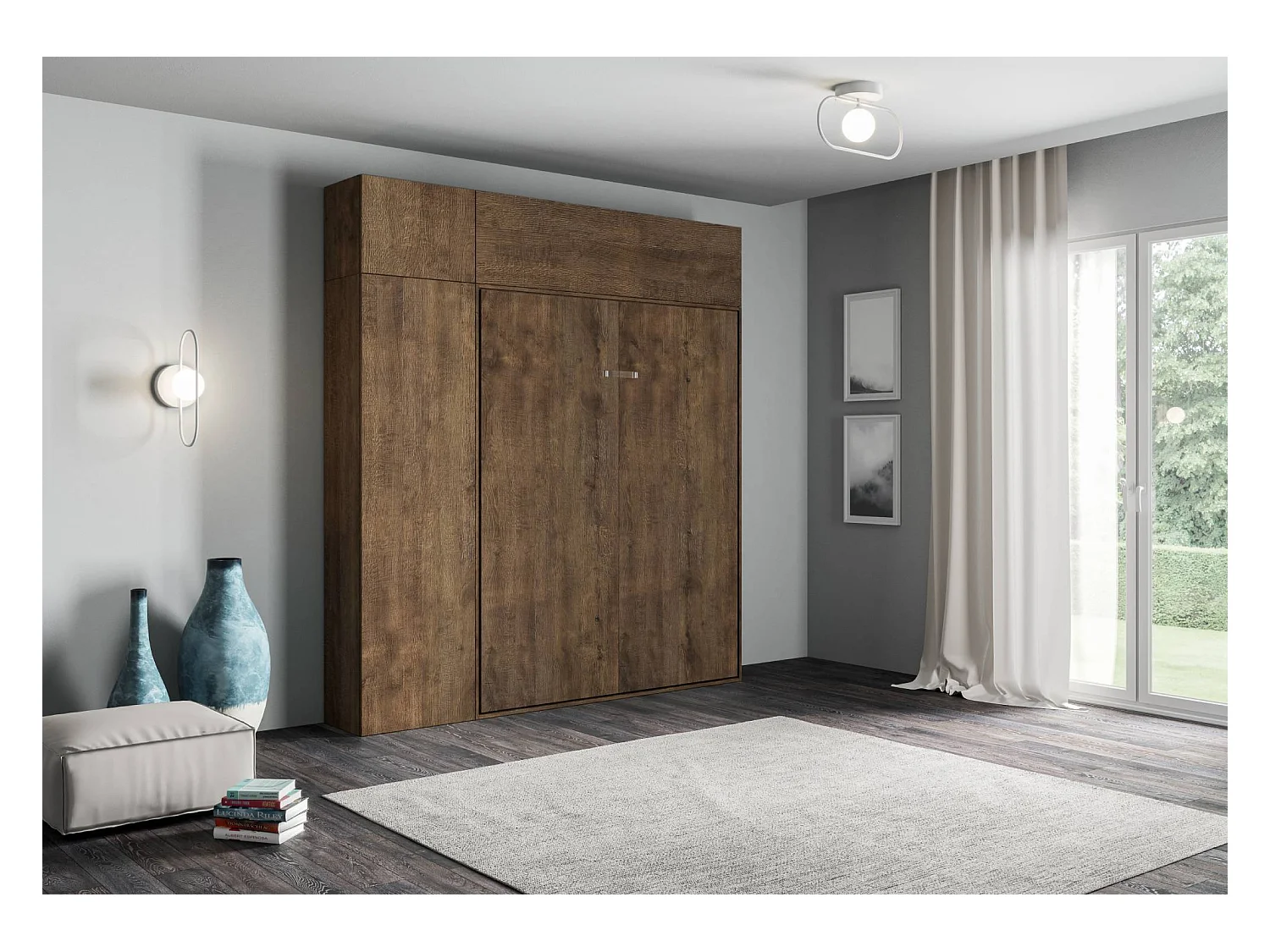 Schrankbett Kentaro 140 vertikal mit Säulenschrank und Vasistas-Wandschränken Nussbaum