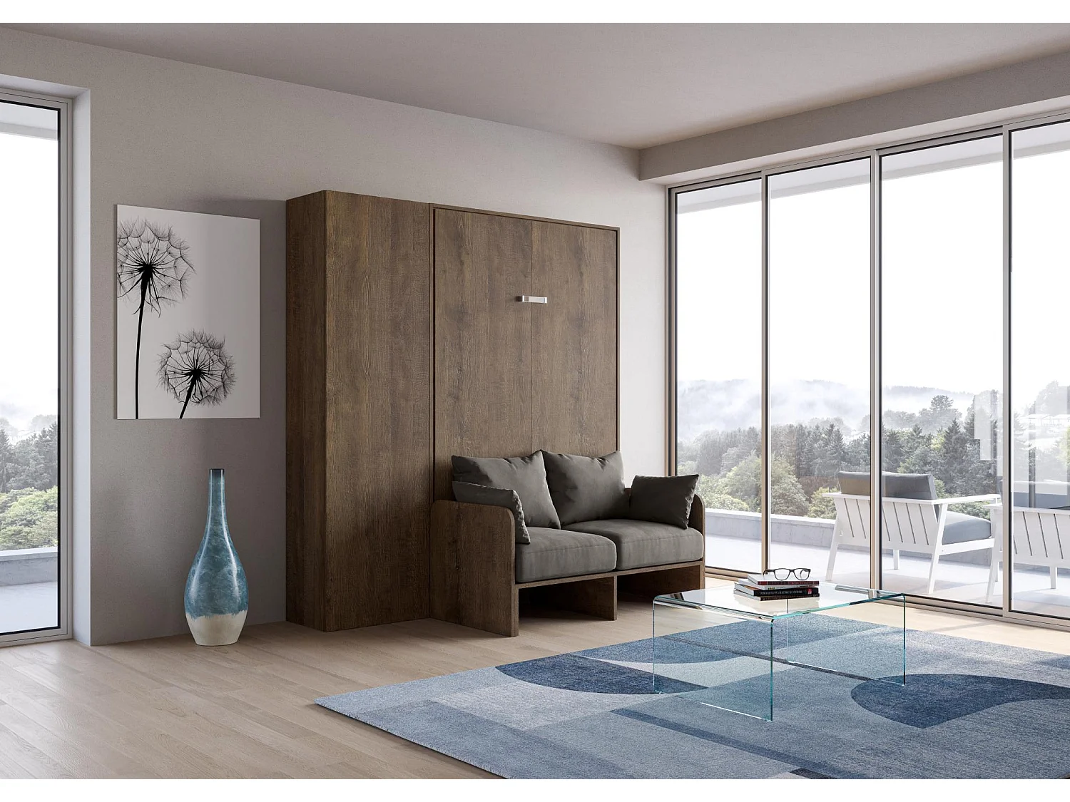 Armoire lit 1 place et demi escamotable vertical 120 Kentaro Sofa avec colonne Noyer -A20