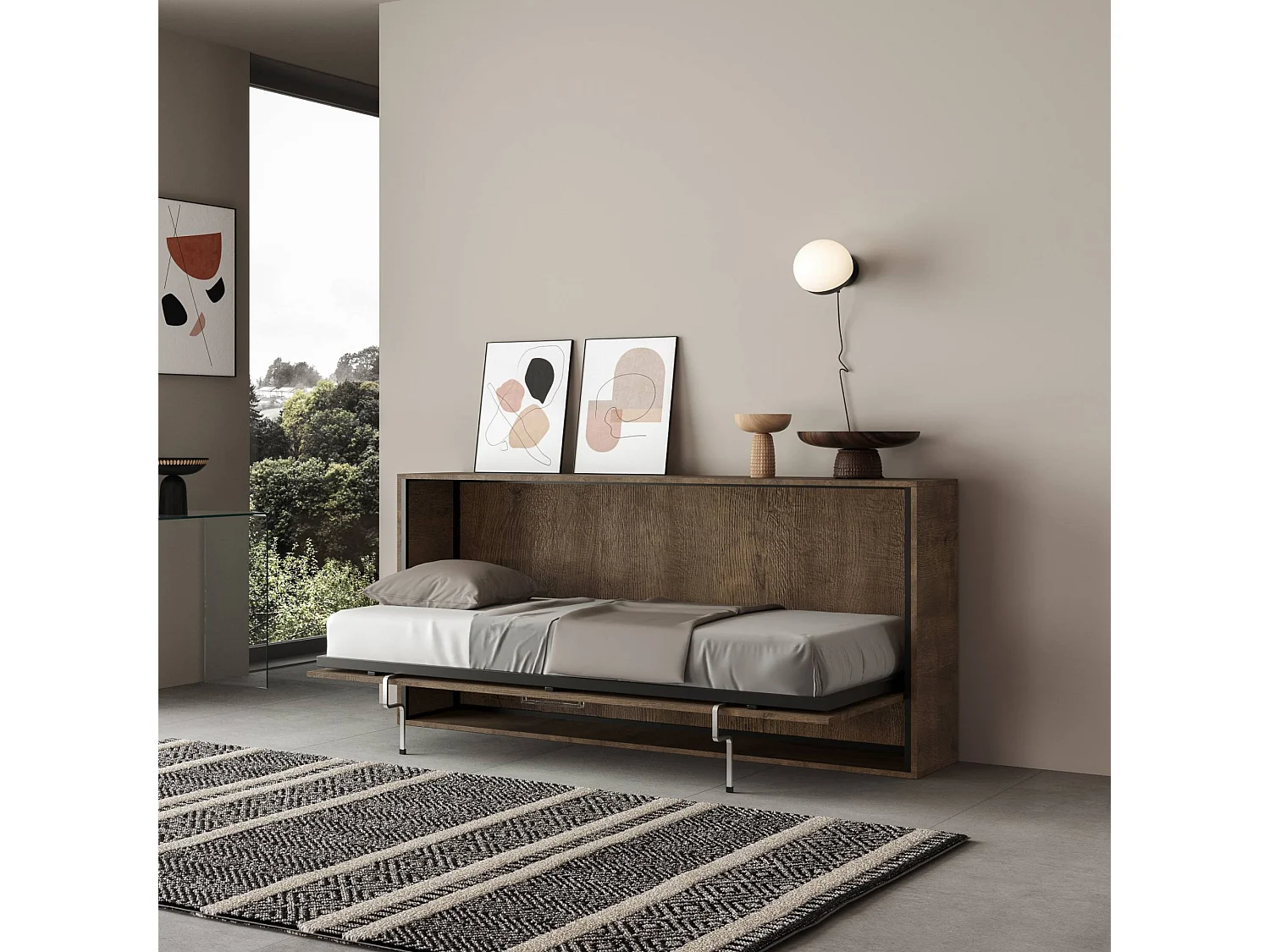 Lit escamotable horizontal 1 couchage 85 Kando avec matelas Noyer