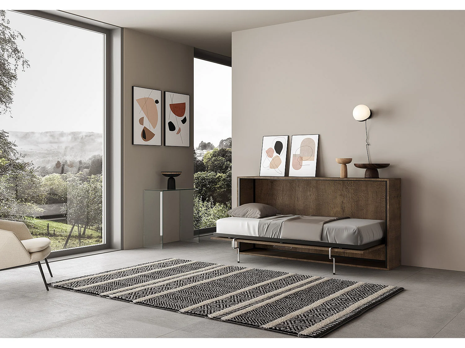 Lit escamotable horizontal 1 couchage 85 Kando avec matelas Noyer