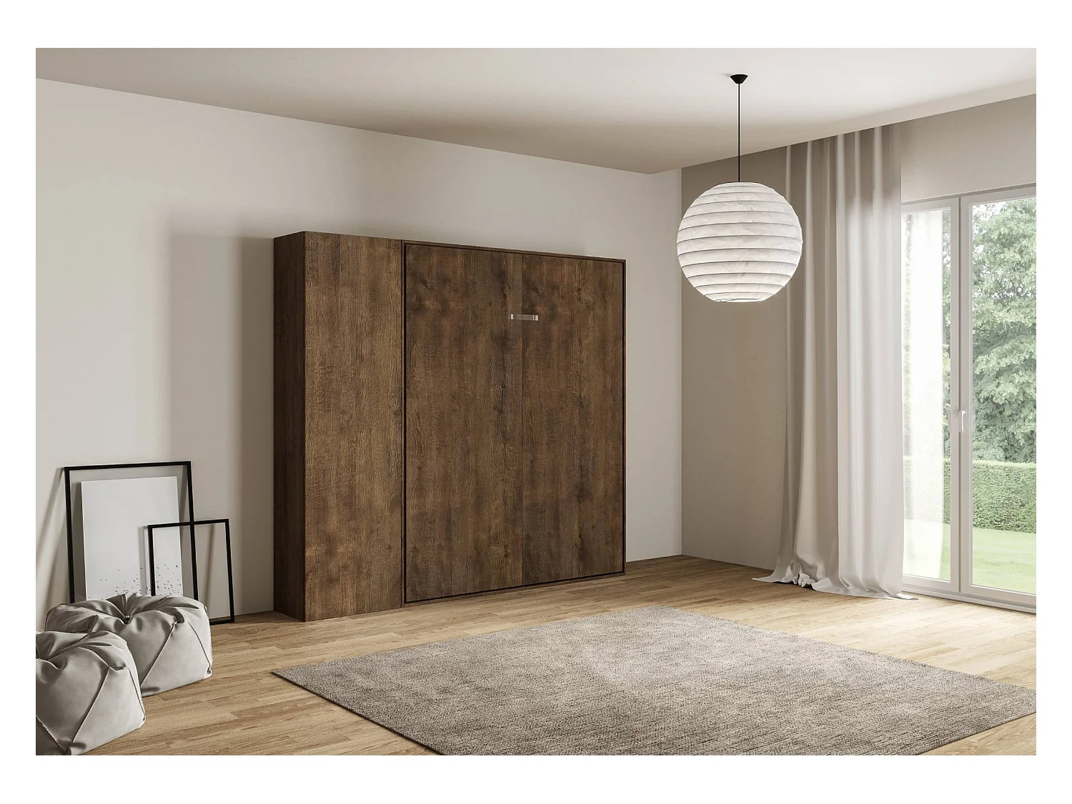 Łóżko podwójne Kentaro Walnut z kolumną po lewej i prawej stronie