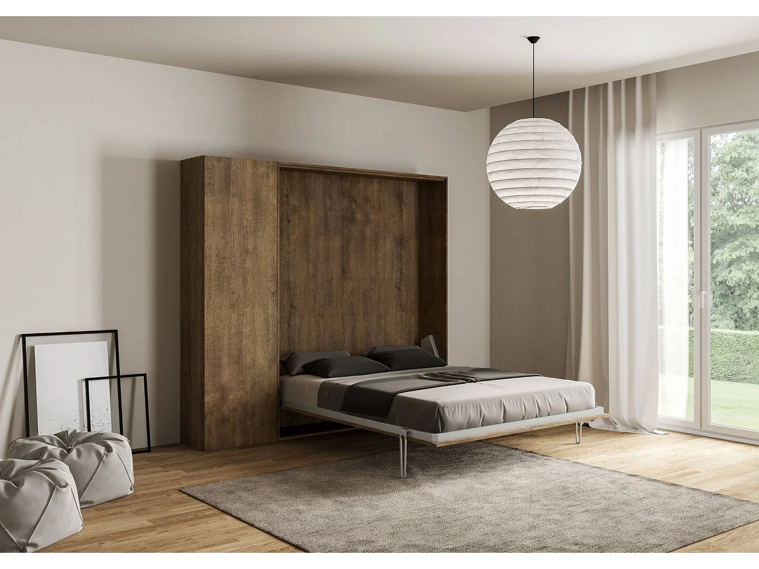 Armoire lit queen size escamotable vertical 160 Kentaro avec colonne Noyer