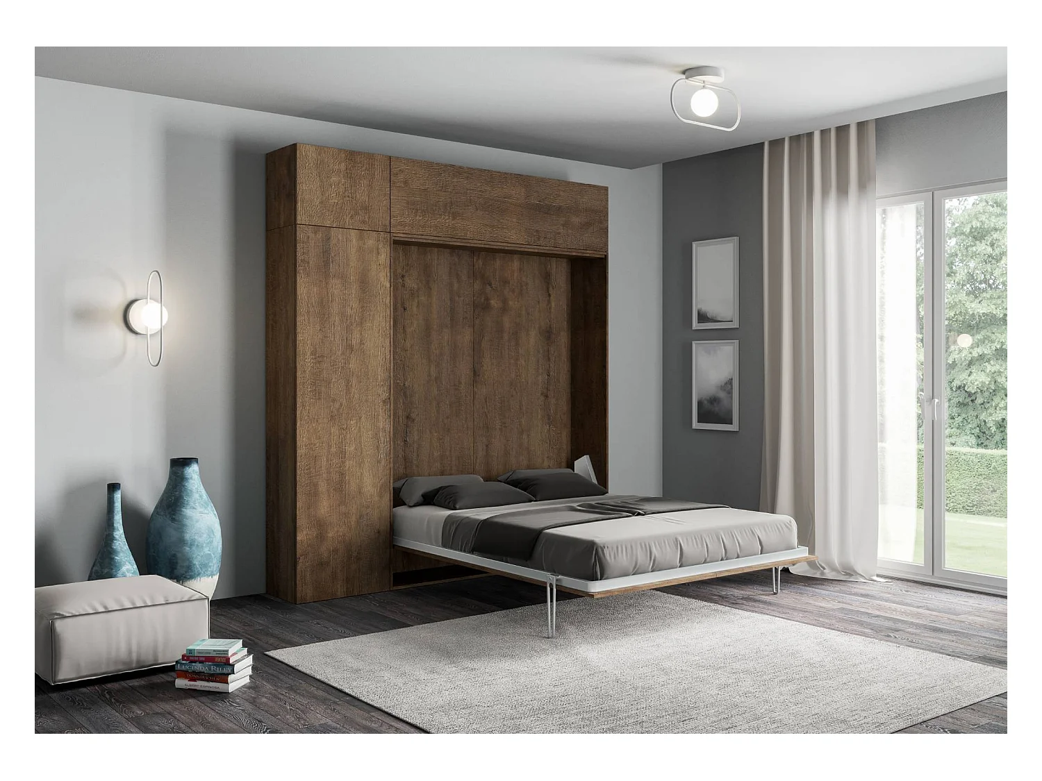 Łóżko 120 Kentaro Orzech z kolumną - vasistas ściana meblowa - ściana meblowa nad kolumną