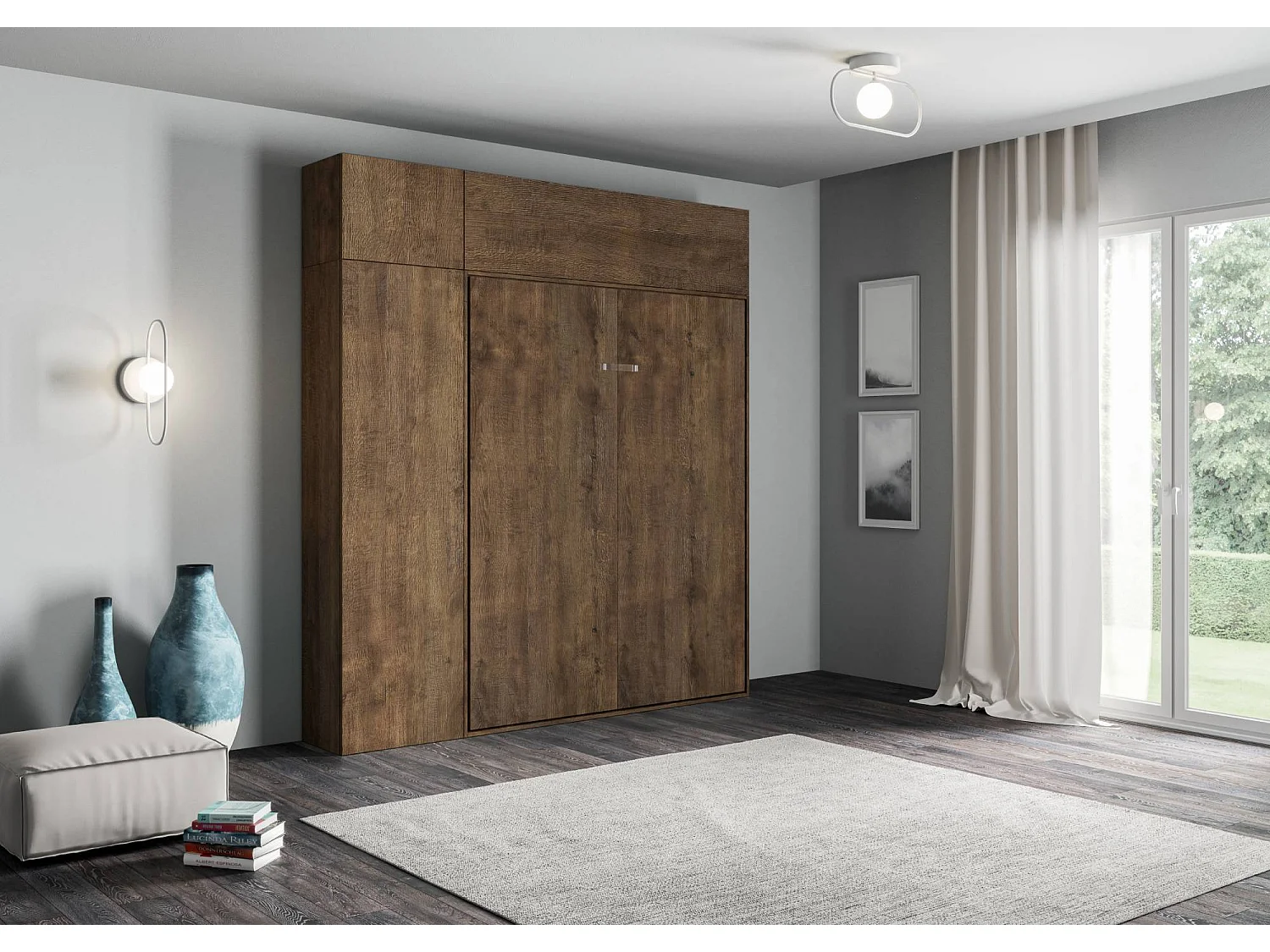 Armoire lit queen size escamotable vertical 160 Kentaro avec meublier Noyer