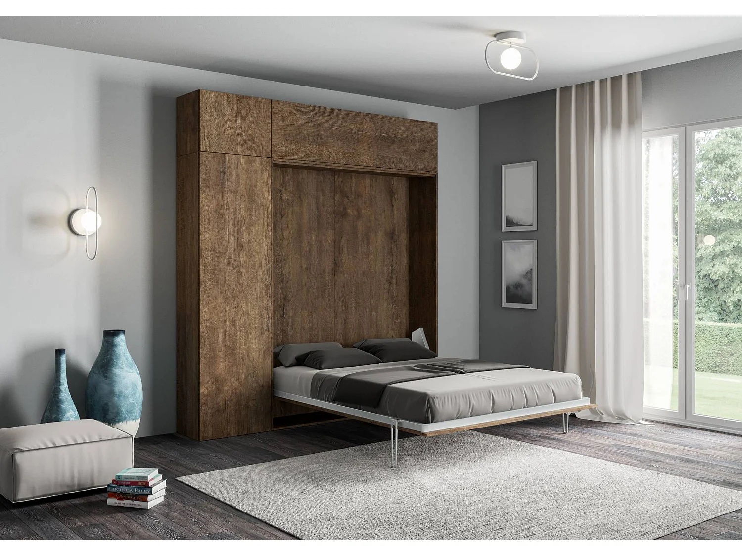 Cama retrátil 160 vertical Kentaro com armário coluna e armários suspensos Nogueira