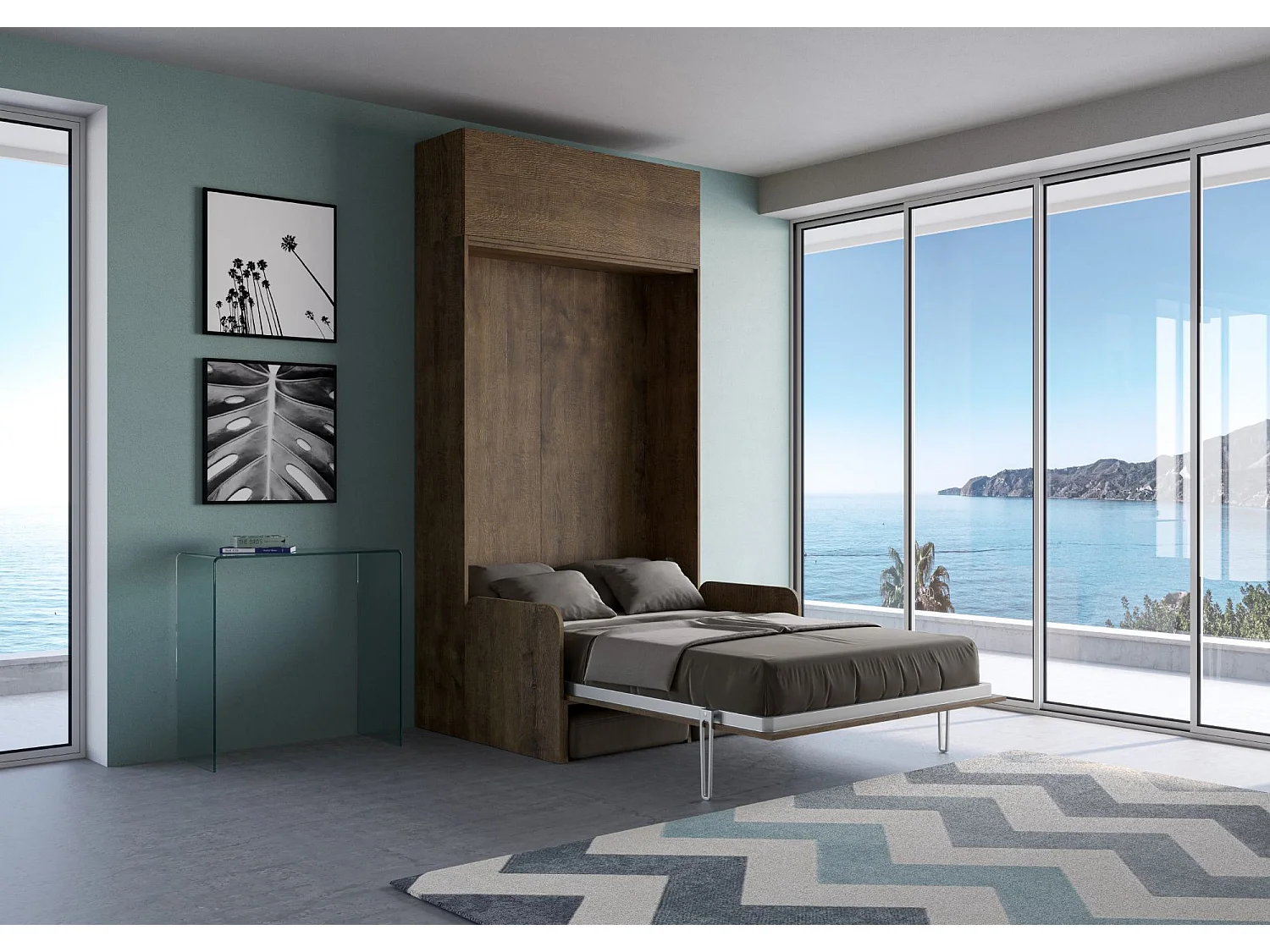 Armoire lit double escamotable vertical 140 Kentaro Sofa avec èlèment haut Noyer -A20