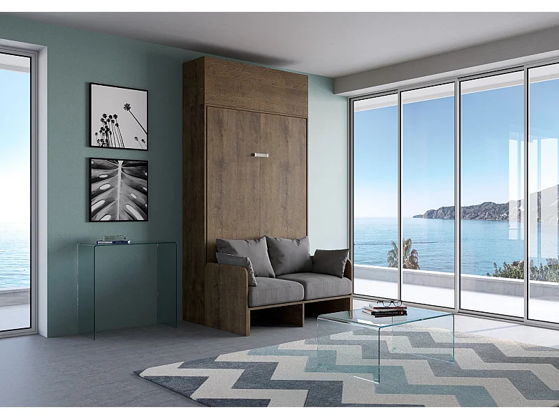 Armoire lit double escamotable vertical 140 Kentaro Sofa avec èlèment haut Noyer -A20