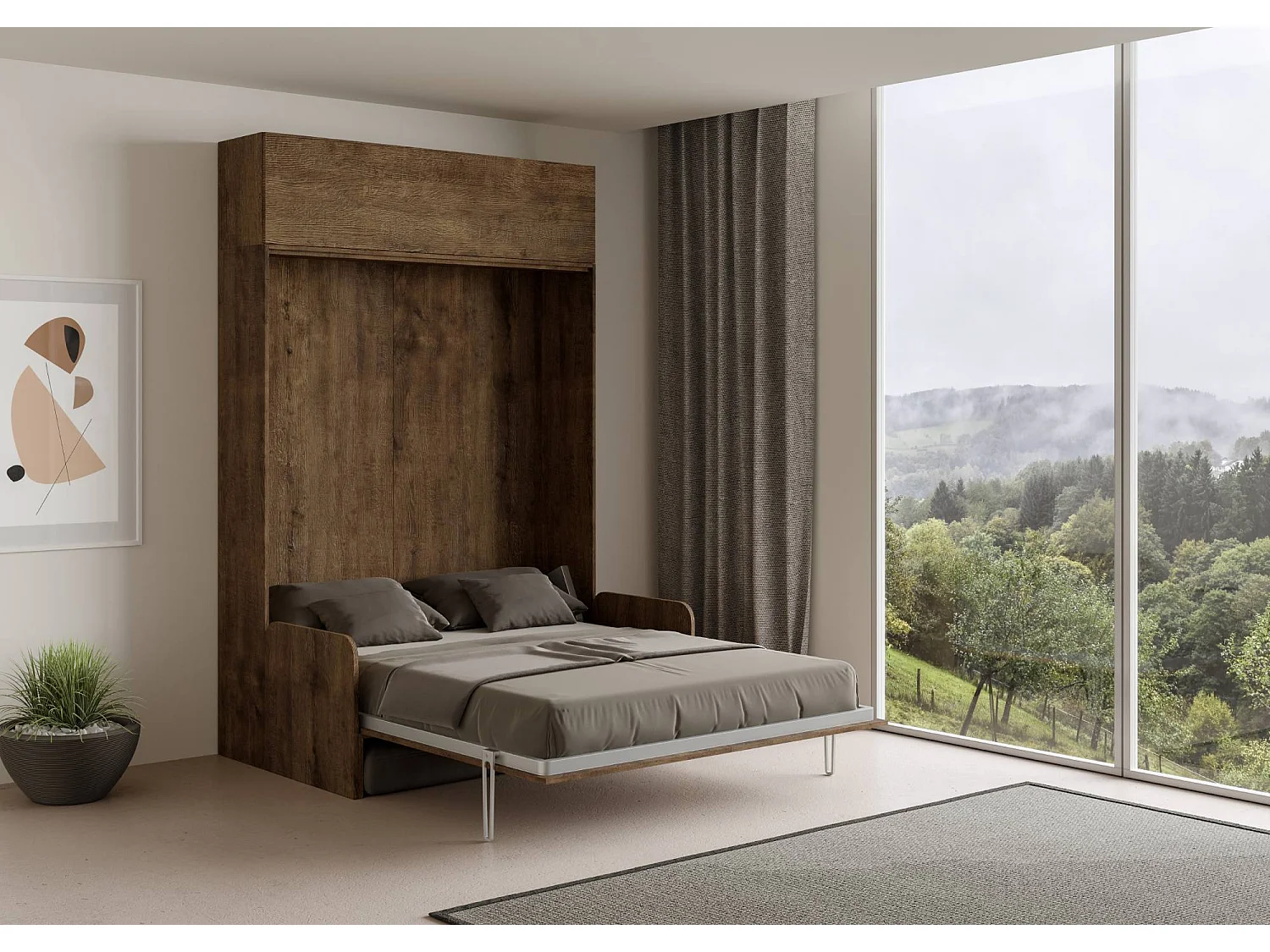 Armoire lit queen size escamotable vertical 160 Kentaro Sofa avec èlèment haut Noyer -A20