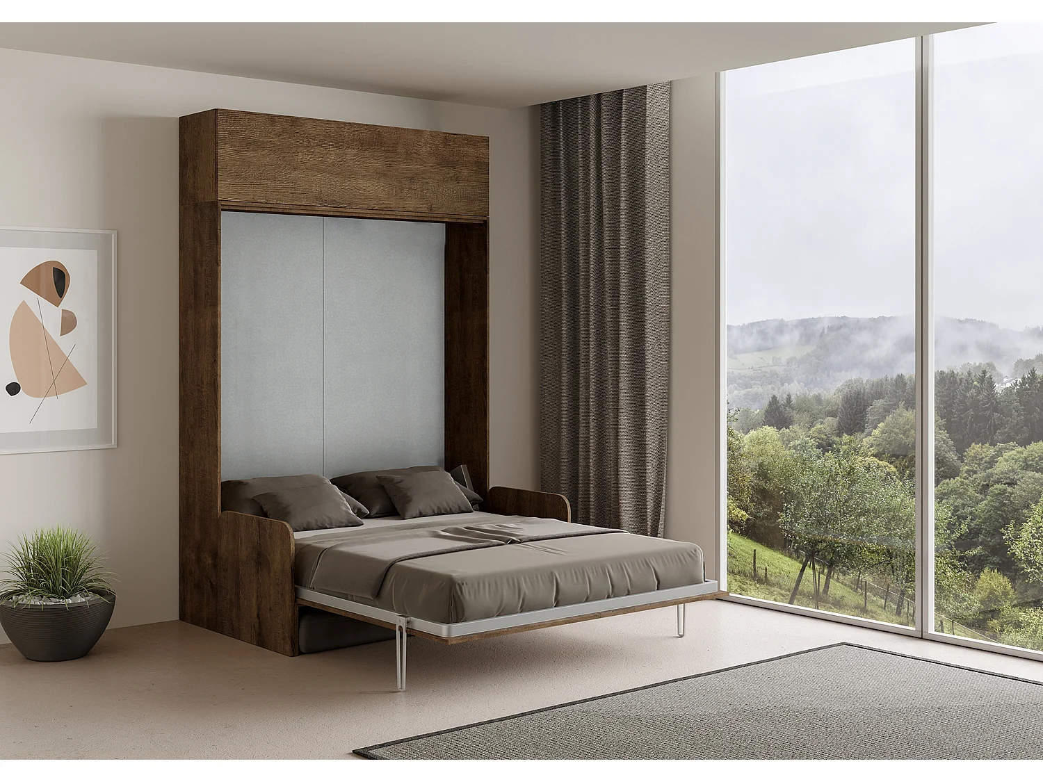 Armoire lit queen size escamotable vertical 160 Kentaro Sofa avec èlèment haut Noyer -A20