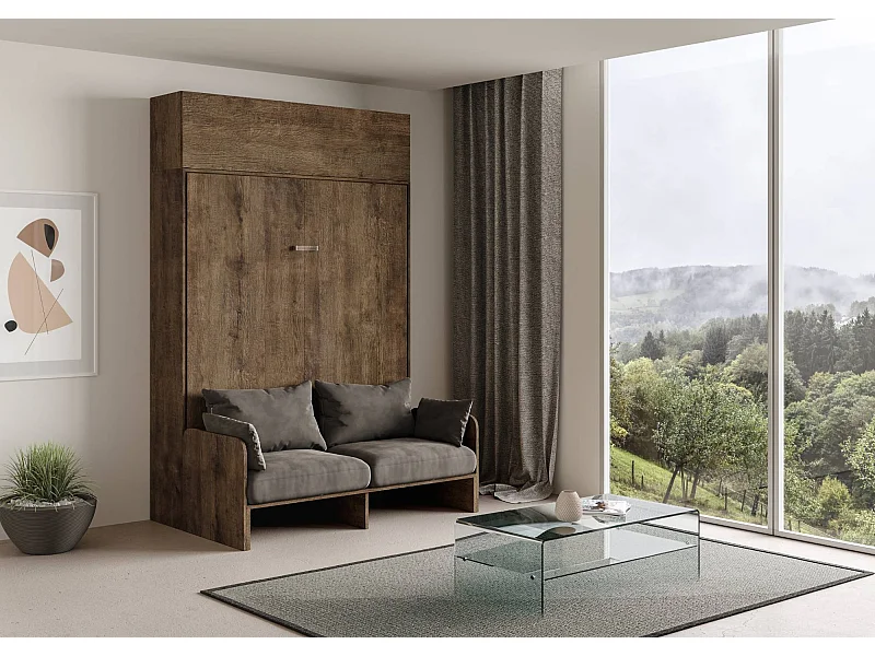 Armoire lit queen size escamotable vertical 160 Kentaro Sofa avec èlèment haut Noyer -A20