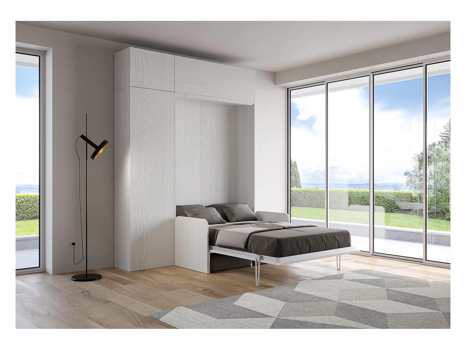 Armoire lit escamotable vertical 140 Kentaro Sofa avec colonne et élements hauts Frêne Blanc - ALESSIA 20