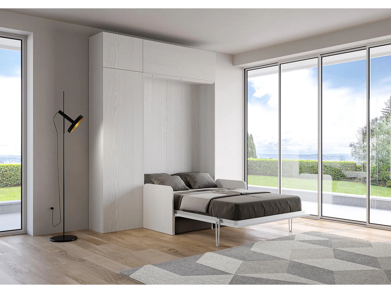 Armoire lit double escamotable vertical 140 Kentaro Sofa avec meublier Frêne Blanc -A20