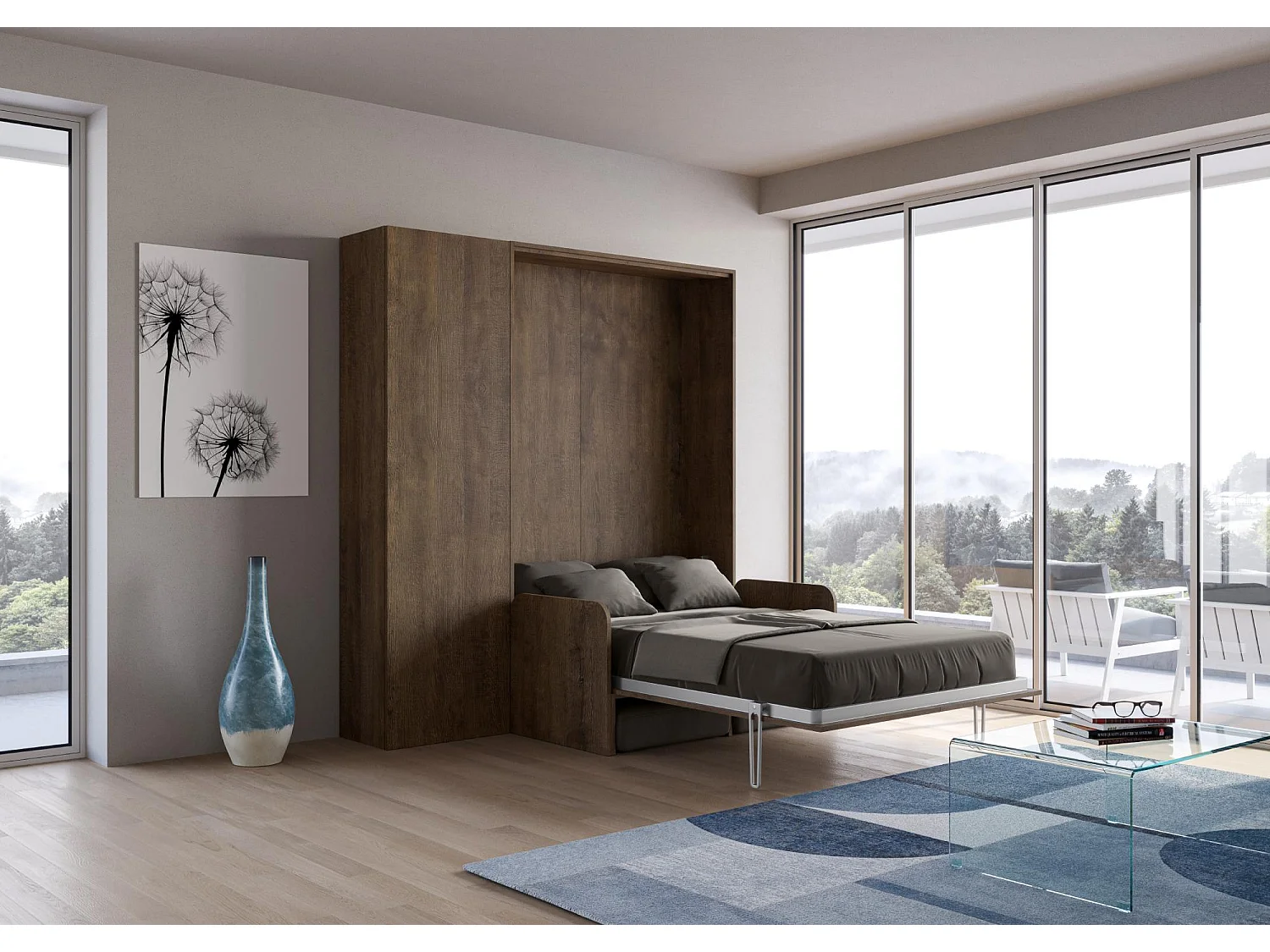 Armoire lit double escamotable vertical 140 Kentaro Sofa avec colonne Noyer -A20