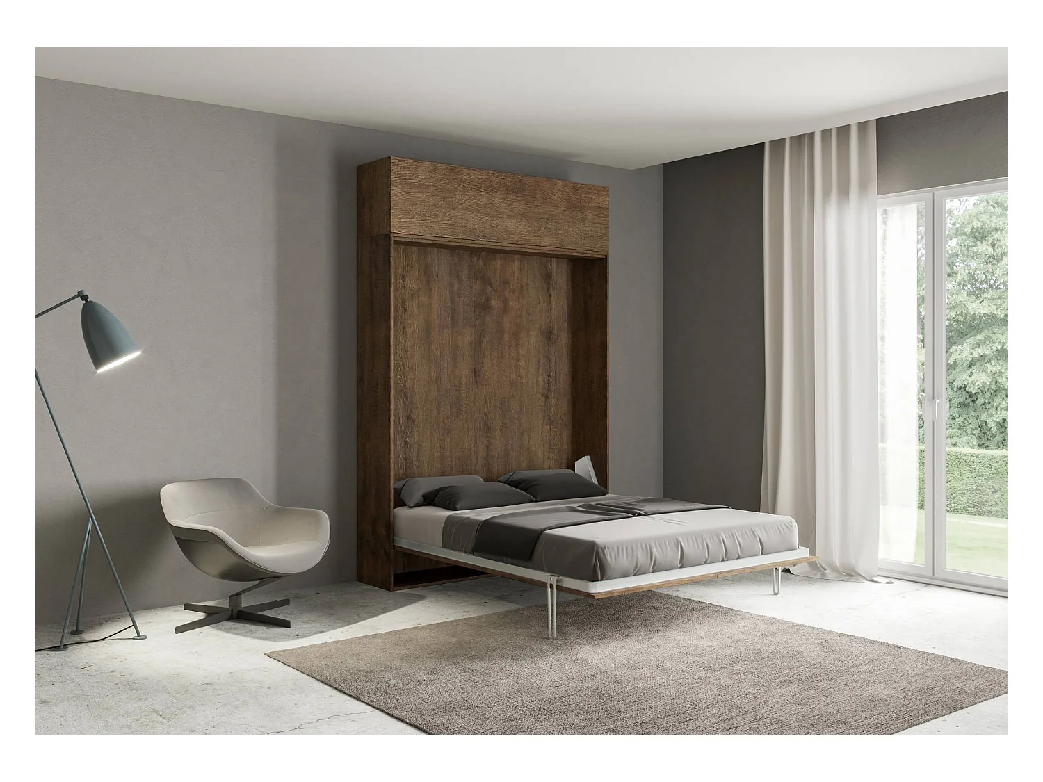 Armoire lit escamotable vertical 140 Kentaro avec èlèment haut Noyer