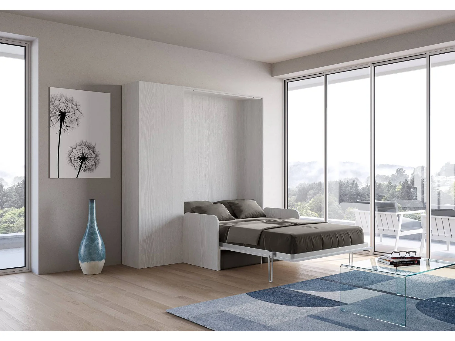 Armoire lit 1 place et demi escamotable vertical 120 Kentaro Sofa avec colonne Frêne Blanc -A20