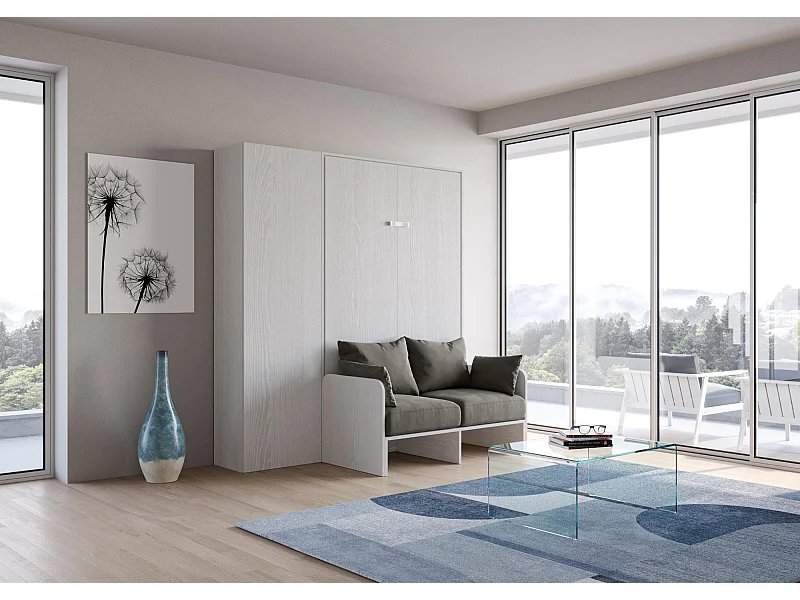 Letto una piazza e mezzo a scomparsa 120 Kentaro con divano e colonna bianco frassino, grigio