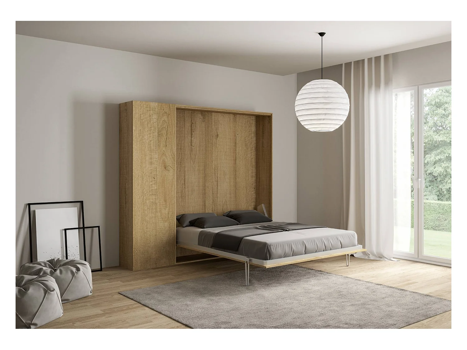 Verticaal Kentaro 160 opklapbed met kolom natuur eiken