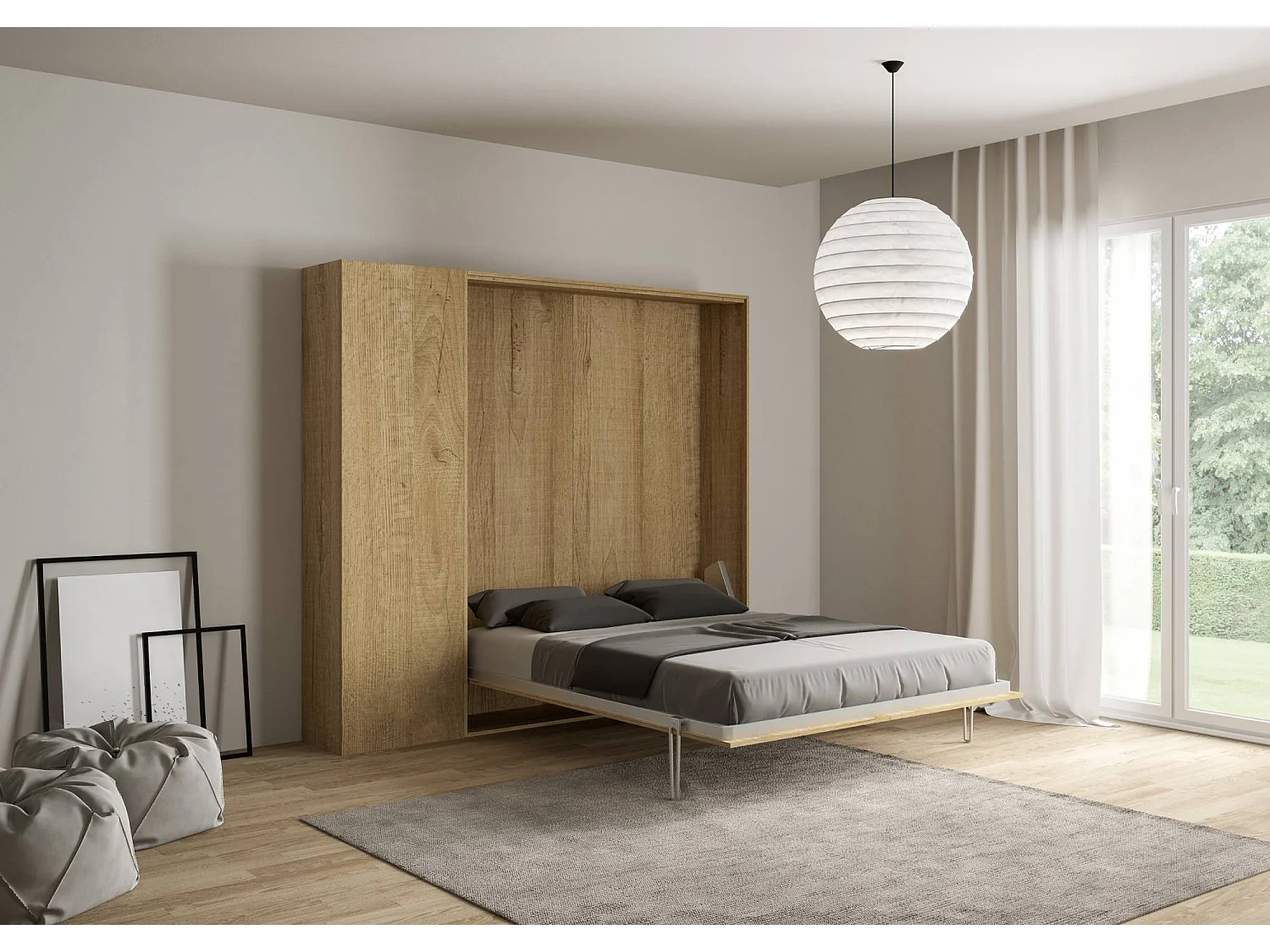 Armoire lit queen size escamotable vertical 160 Kentaro avec colonne Chêne Nature