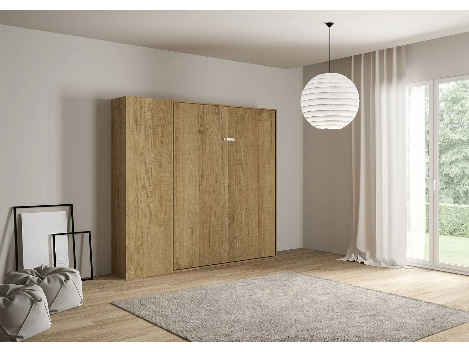 Armoire lit queen size escamotable vertical 160 Kentaro avec colonne Chêne Nature