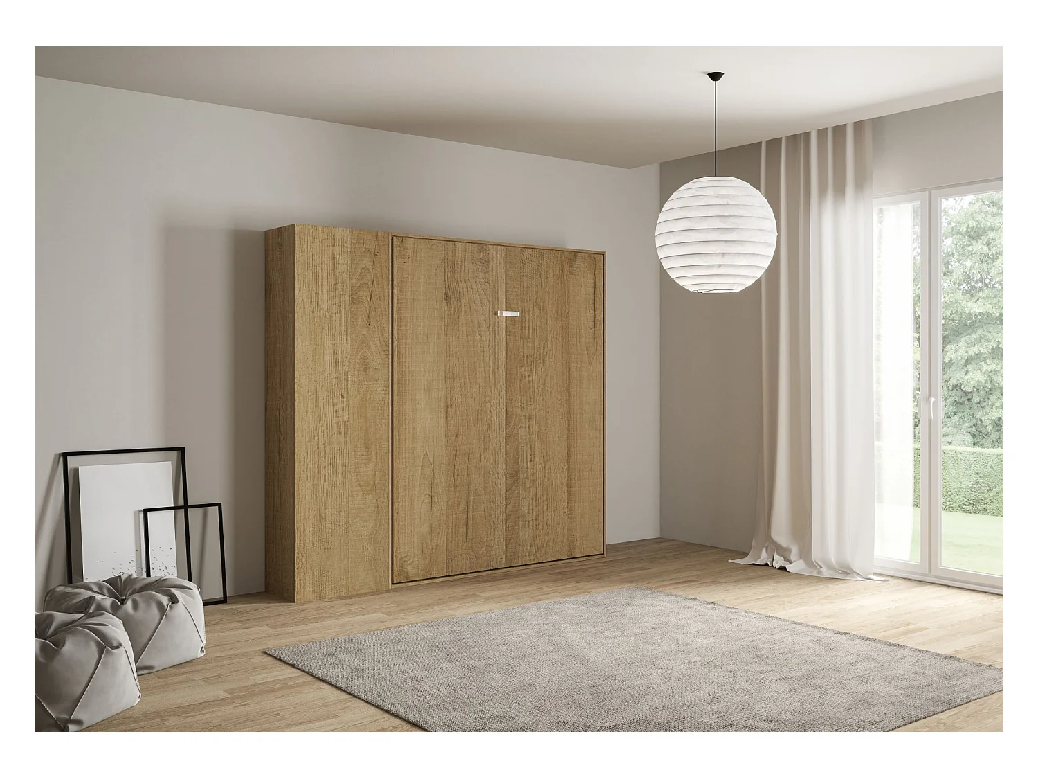 Armoire lit escamotable vertical 160 Kentaro avec colonne Chêne Nature