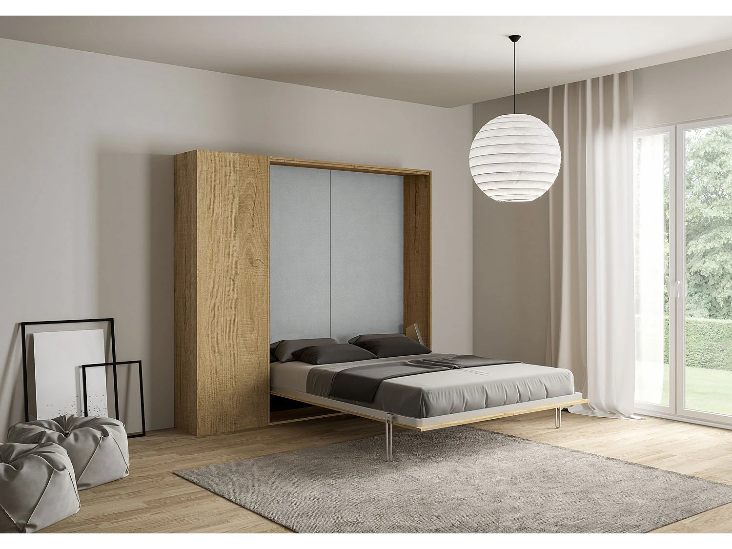 Armoire lit queen size escamotable vertical 160 Kentaro avec colonne Chêne Nature
