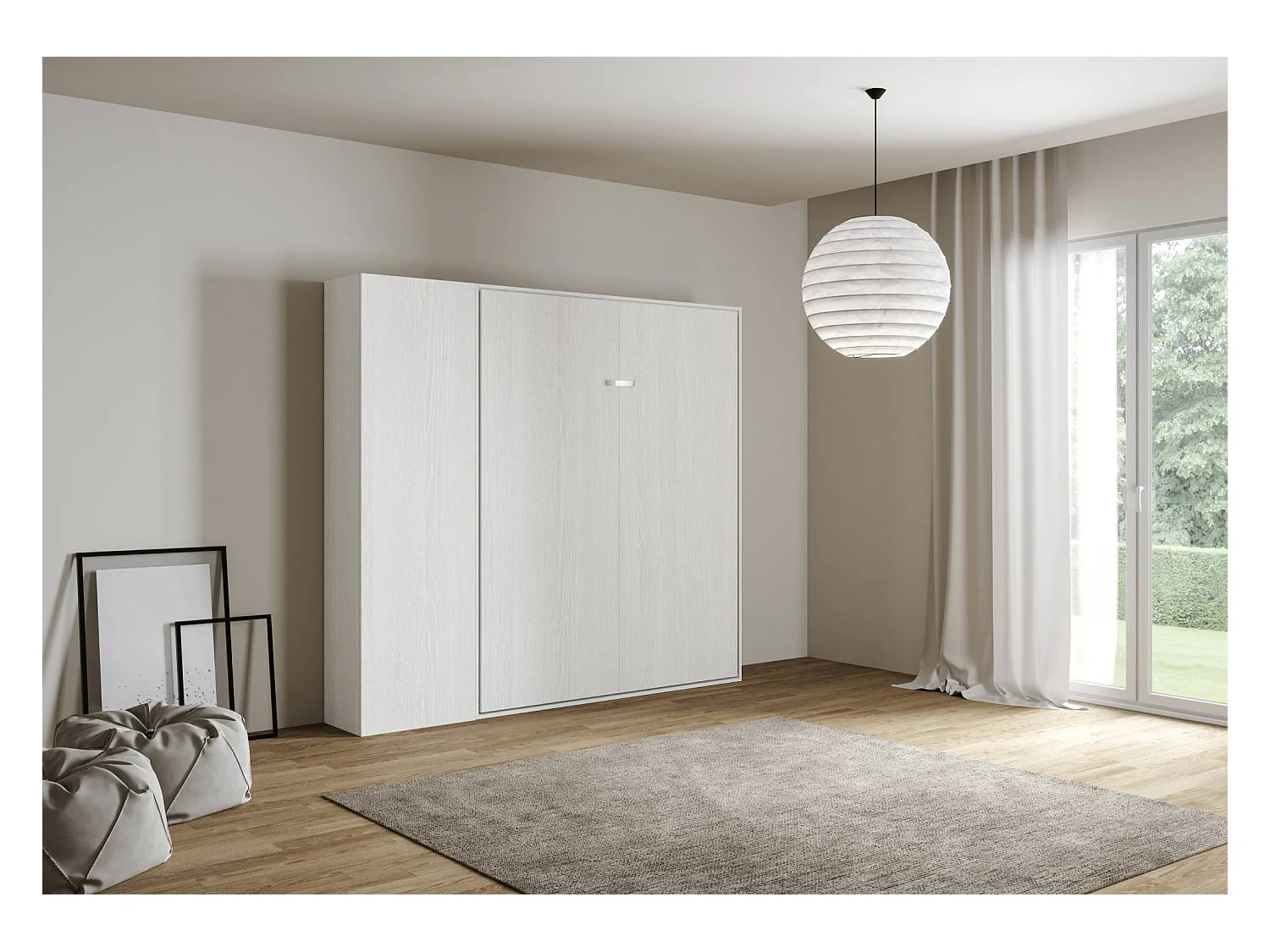 Schrankbett Kentaro 160 vertikal mit Säulenschrank Esche weiß