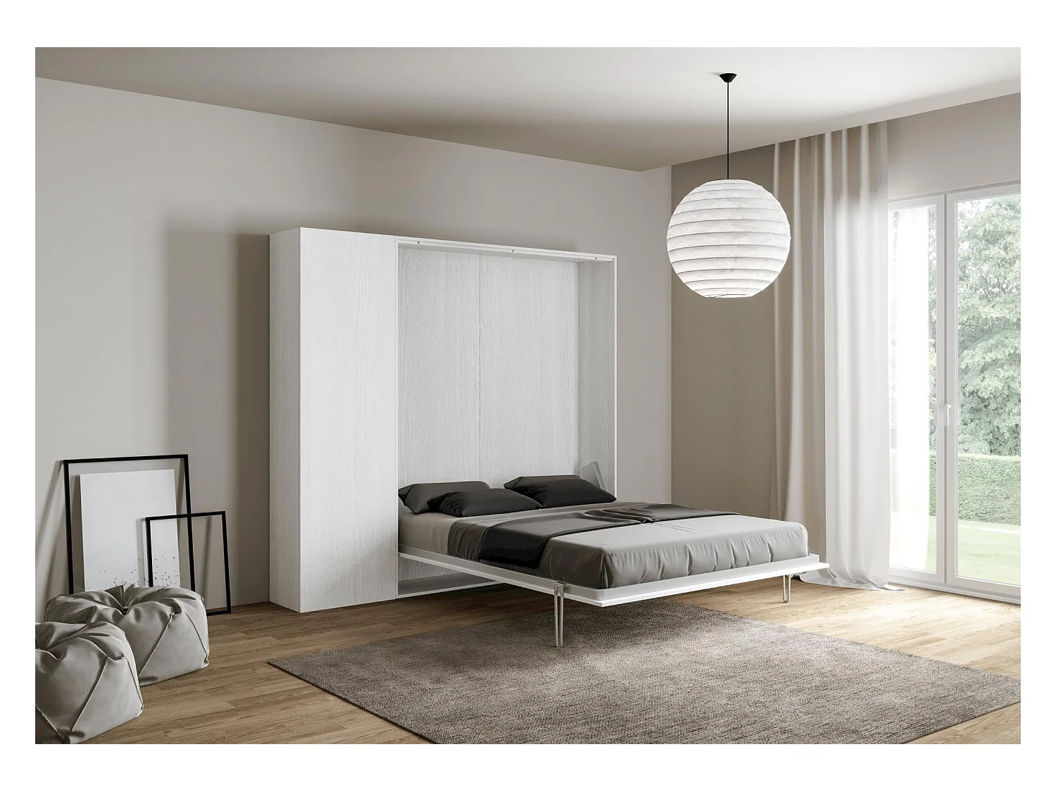Cama abatible 160 vertical Kentaro con columna Fresno Blanco