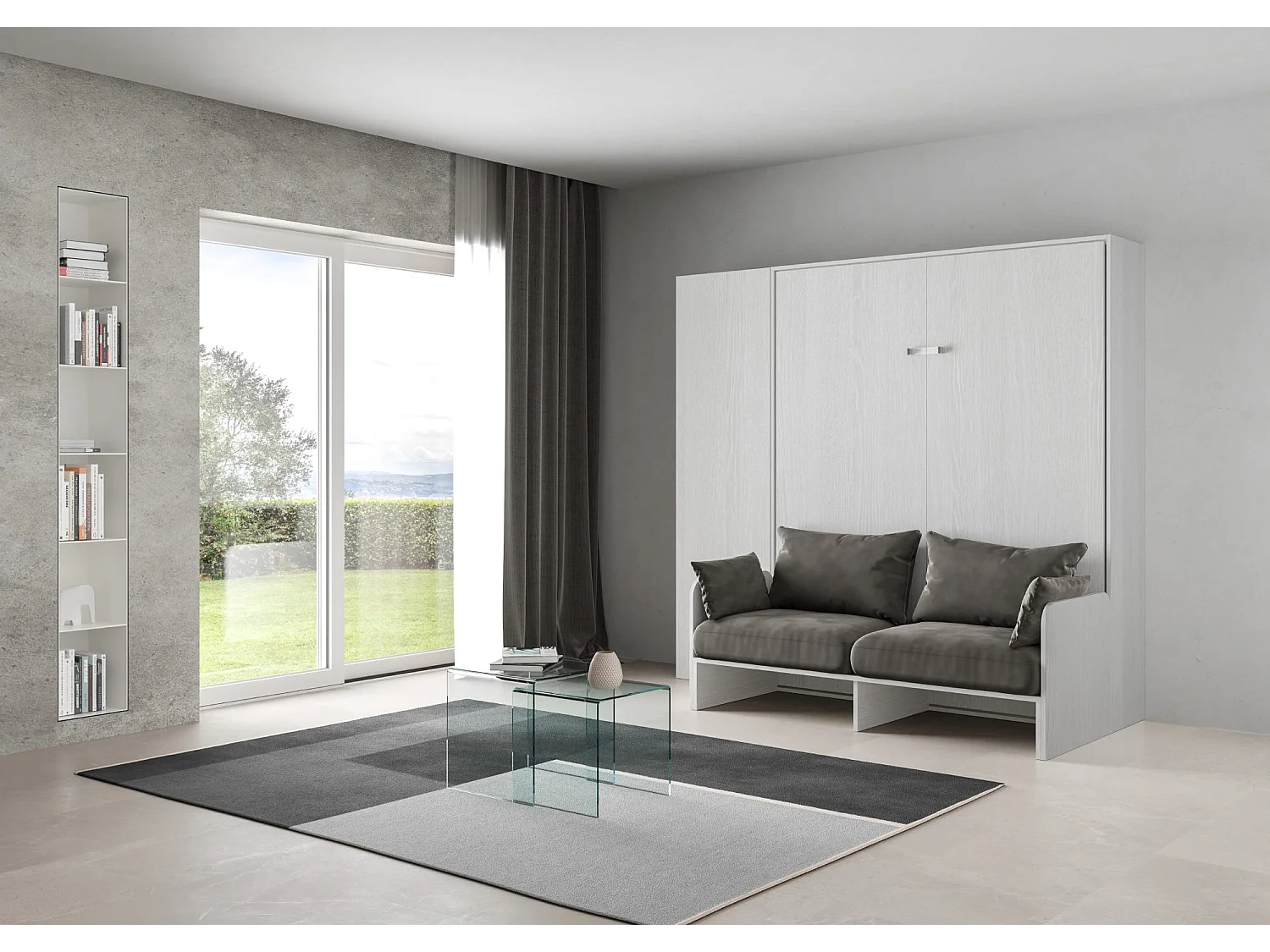 Armoire lit queen size escamotable vertical 160 Kentaro Sofa avec colonne Frêne Blanc -A20