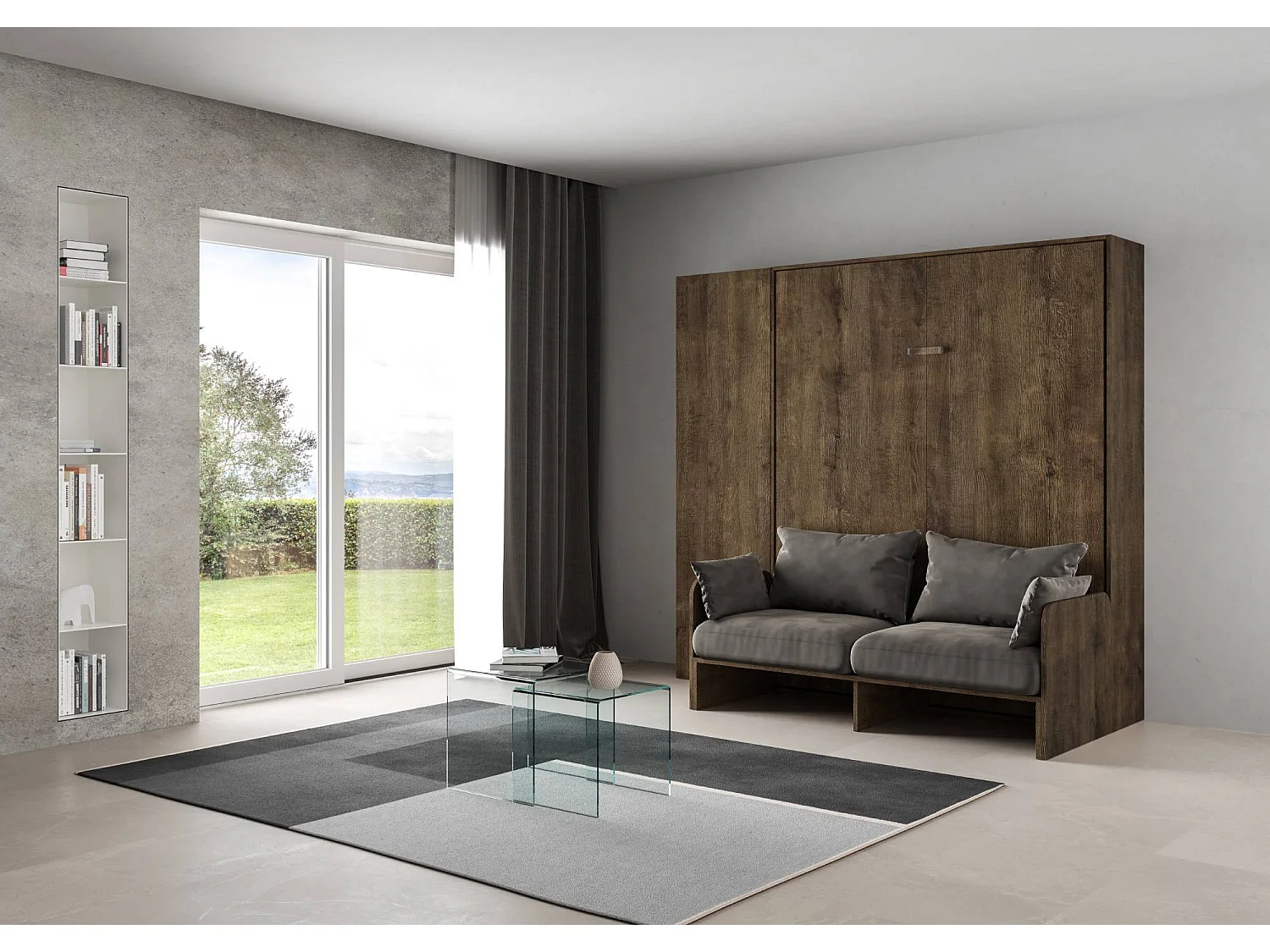 Armoire lit queen size escamotable vertical 160 Kentaro Sofa avec colonne Noyer -A20