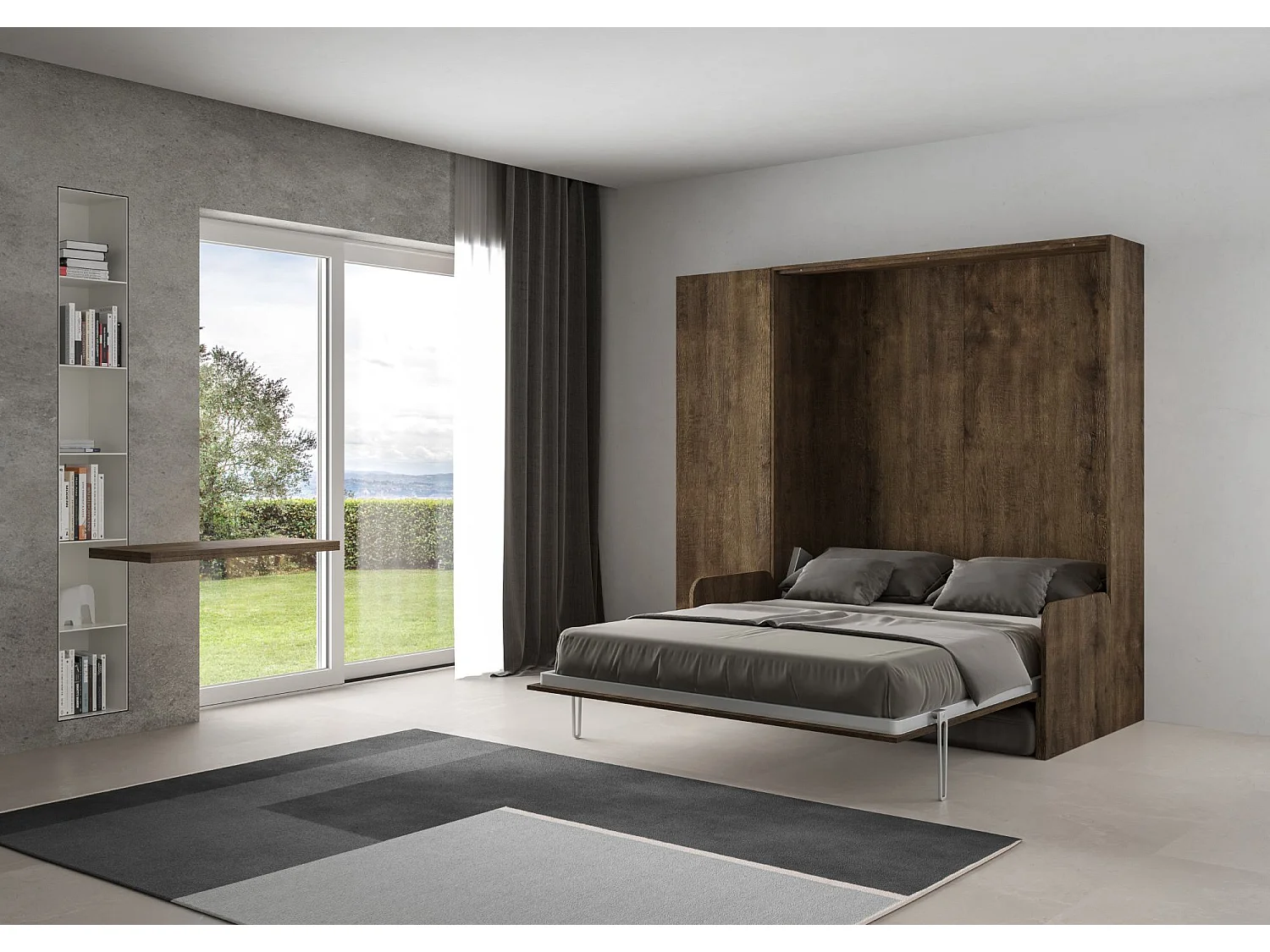 Armoire lit queen size escamotable vertical 160 Kentaro Sofa avec colonne Noyer -A20