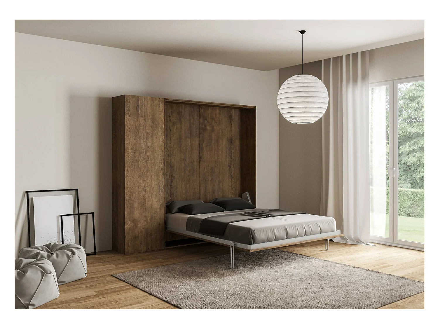 Schrankbett Kentaro 120 vertikal mit Säulenschrank Nussbaum