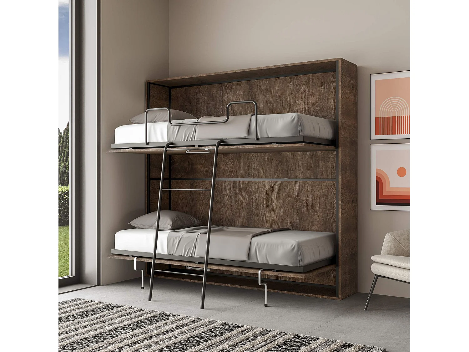 Lit escamotable horizontal superposé 2 couchages 85 Kando Noyer