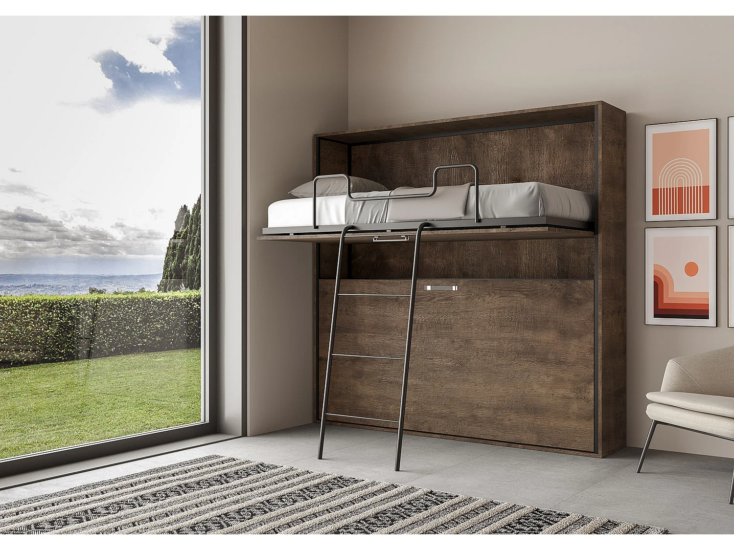 Lit escamotable horizontal superposé 2 couchages 85 Kando Noyer