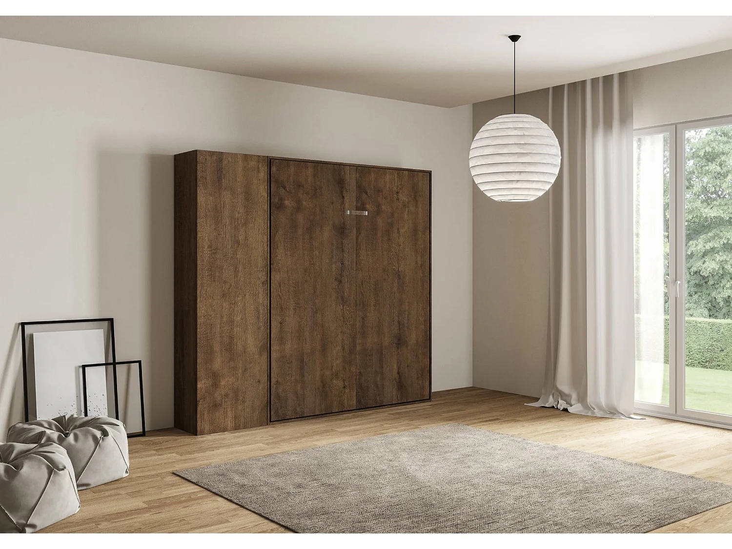 Armoire lit double escamotable vertical 140 Kentaro avec colonne Noyer