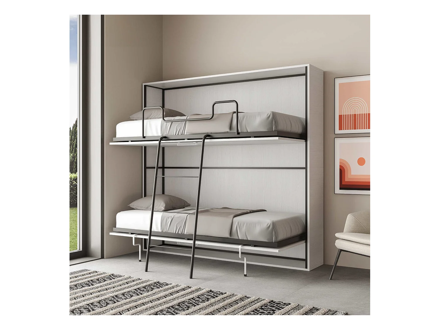 Lit escamotable horizontal superposé 2 couchages 85 Kando Frêne Blanc