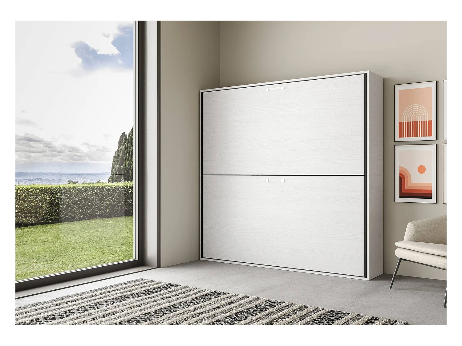 Lit escamotable horizontal superposé 2 couchages 85 Kando Frêne Blanc