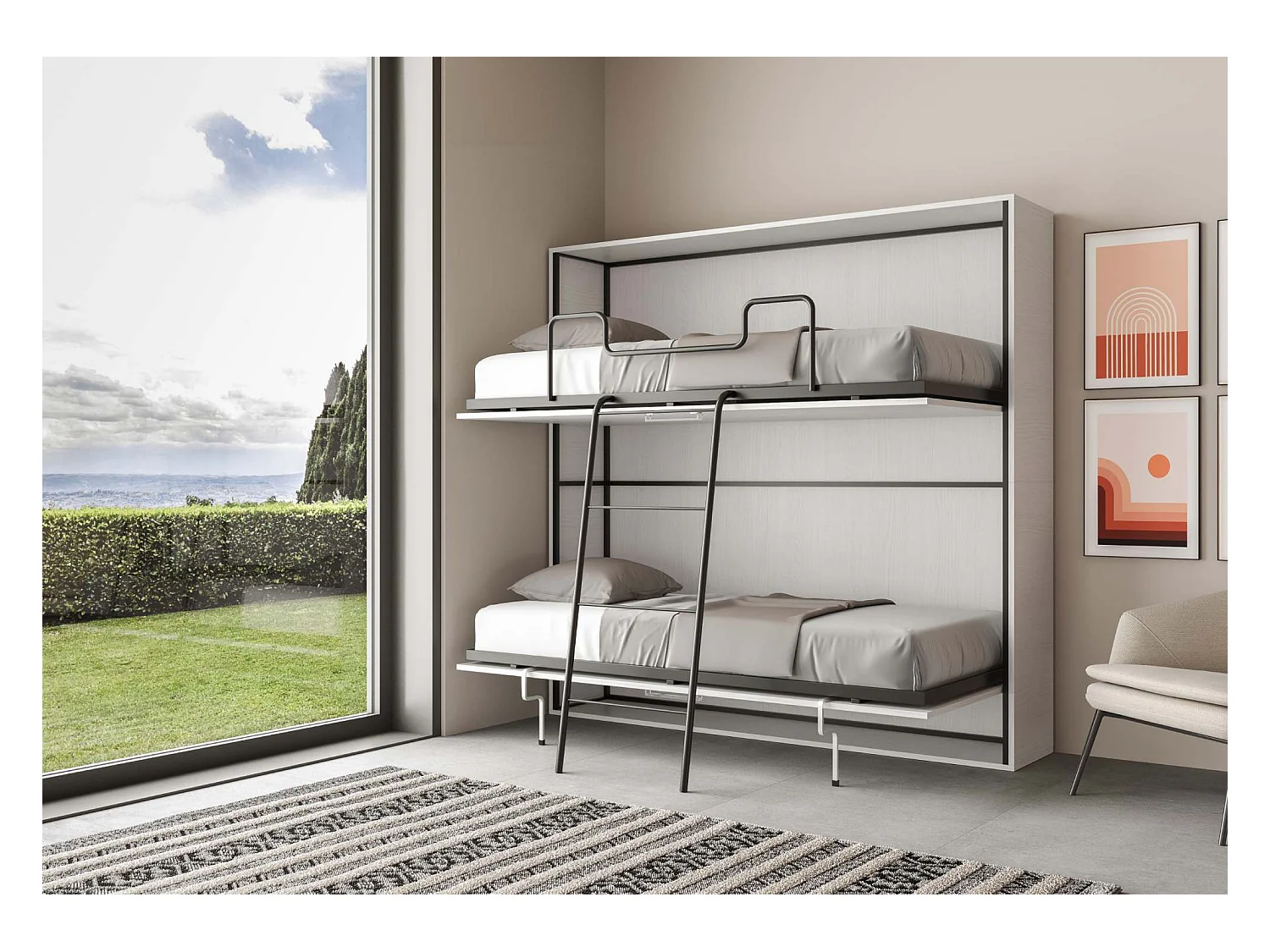 Lit escamotable horizontal superposé 2 couchages 85 Kando Frêne Blanc