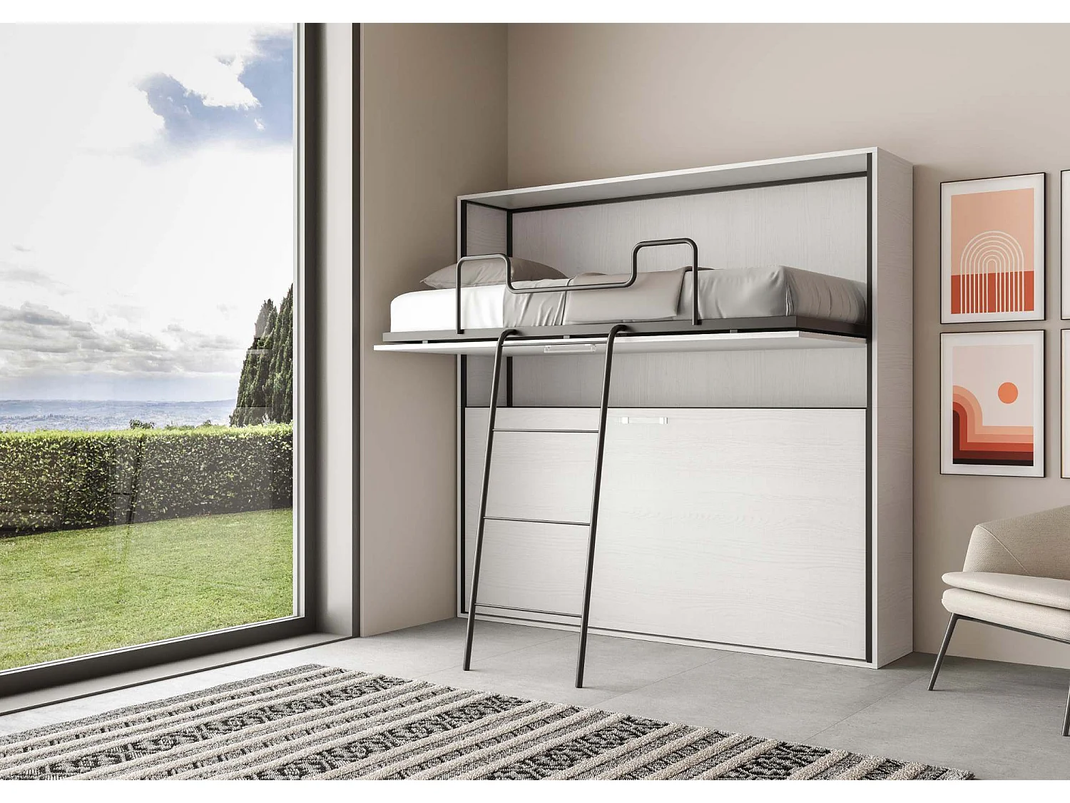 Lit escamotable horizontal superposé 2 couchages 85 Kando Frêne Blanc