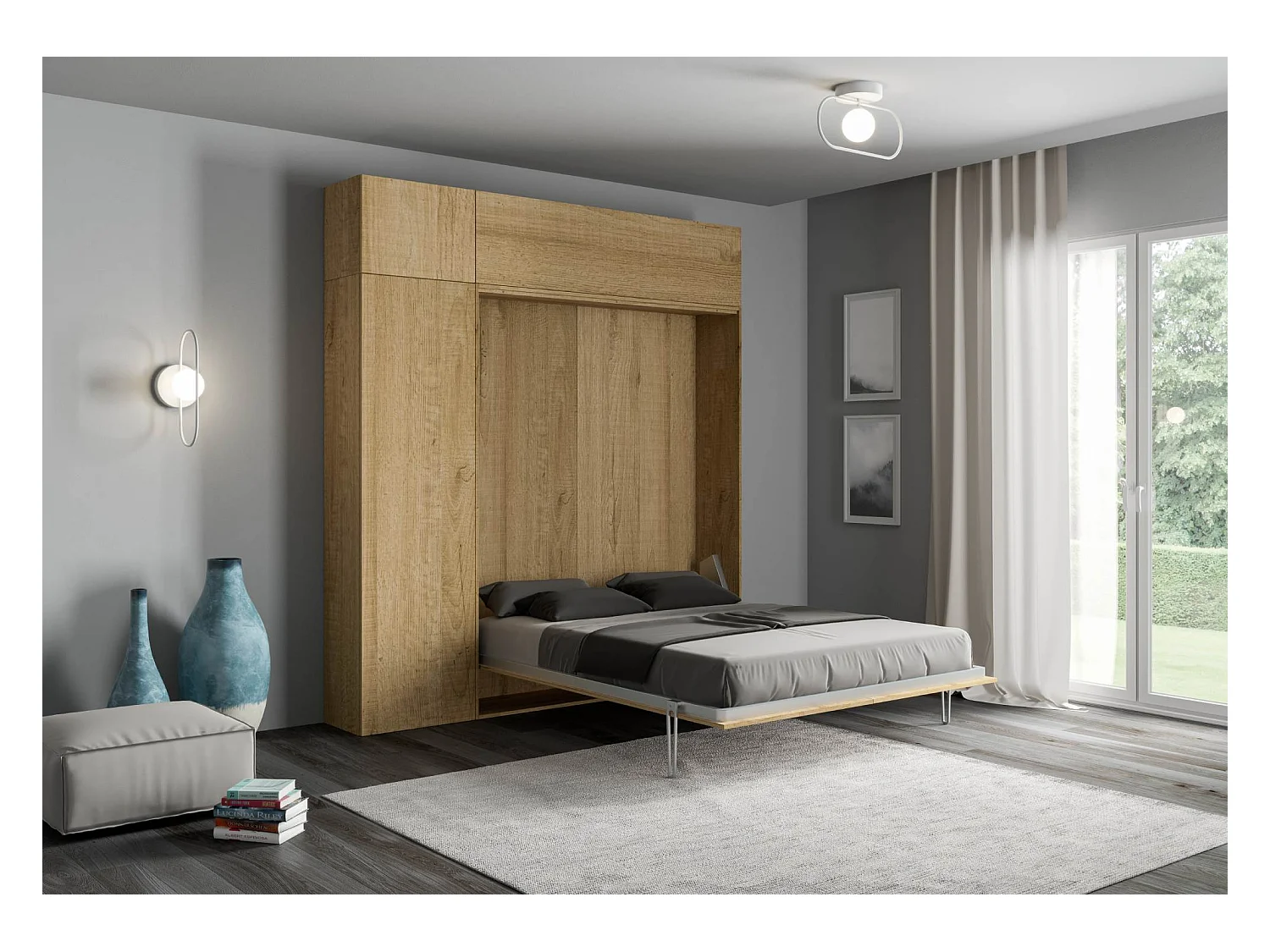 Letto matrimoniale a scomparsa 160 verticale Kentaro con colonna e pensili Quercia Natura