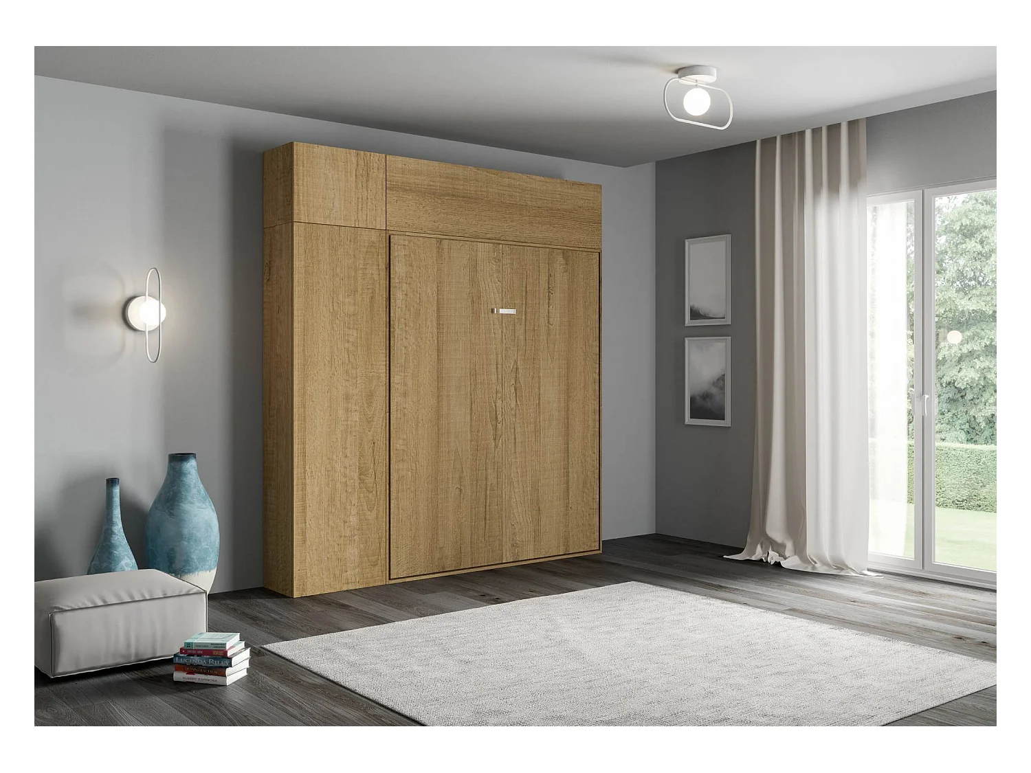 Letto matrimoniale a scomparsa 160 verticale Kentaro con colonna e pensili Quercia Natura