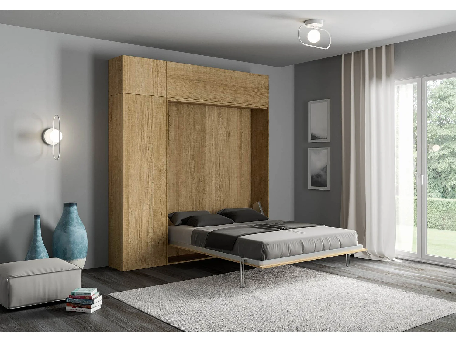 Armoire lit queen size escamotable vertical 160 Kentaro avec meublier Chêne Nature