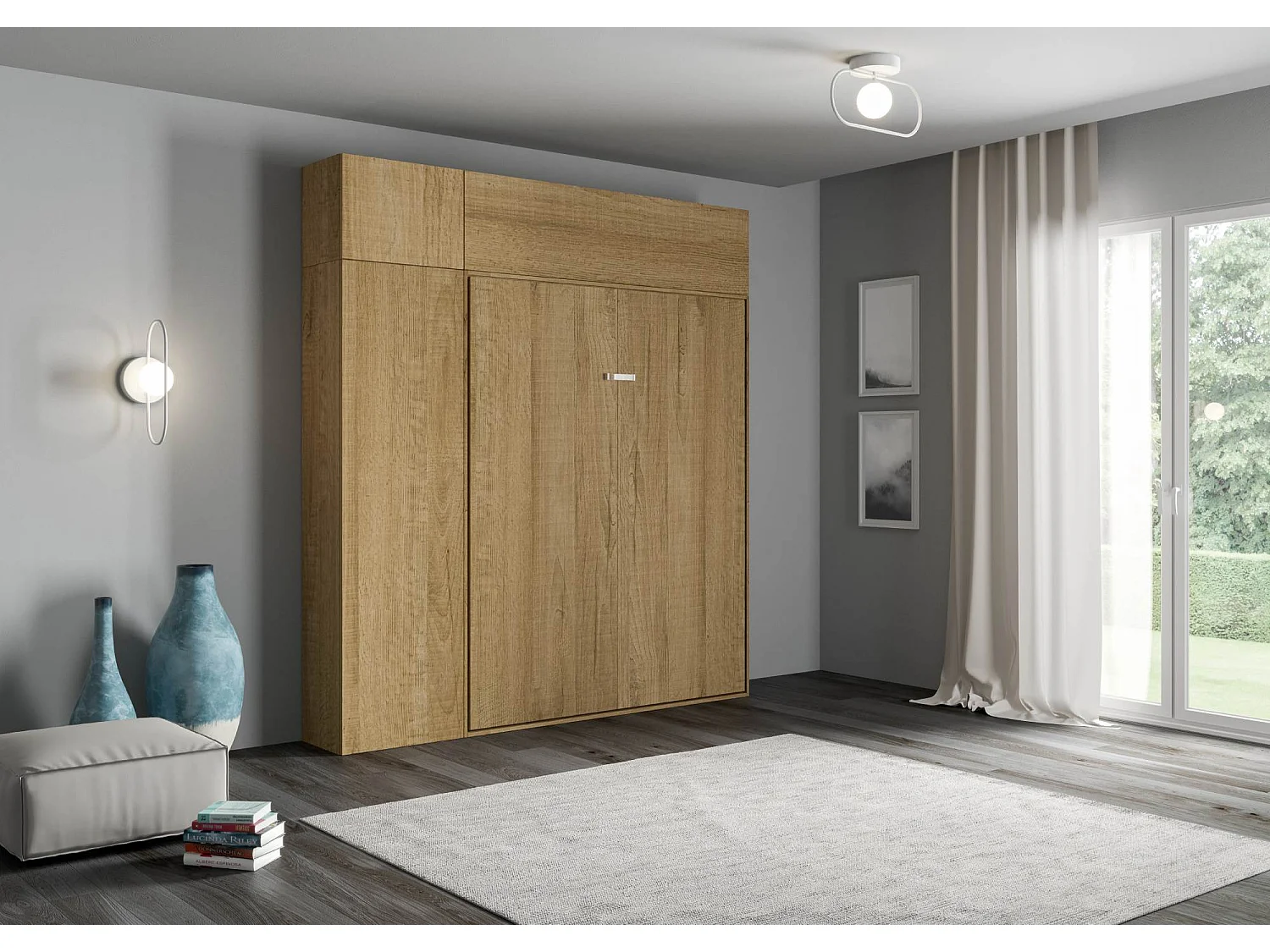 Armoire lit queen size escamotable vertical 160 Kentaro avec meublier Chêne Nature