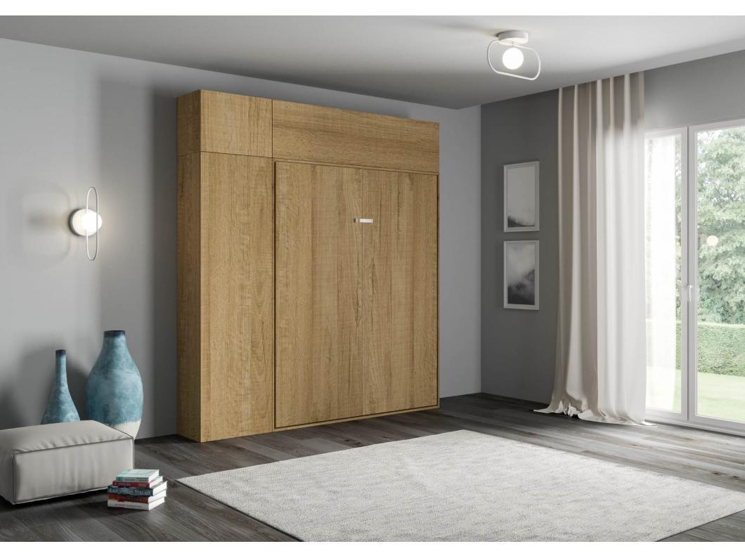 Cama abatible 160 vertical Kentaro con columna - módulo a pared superior - módulo con apertura vasistas Roble Natural