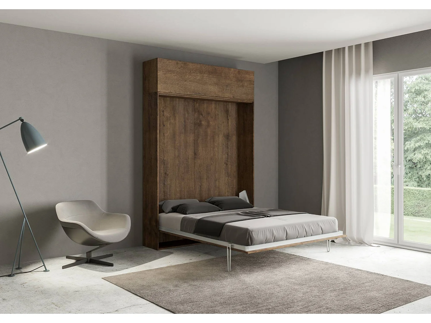 Armoire lit queen size escamotable vertical 160 Kentaro avec èlèment haut Noyer