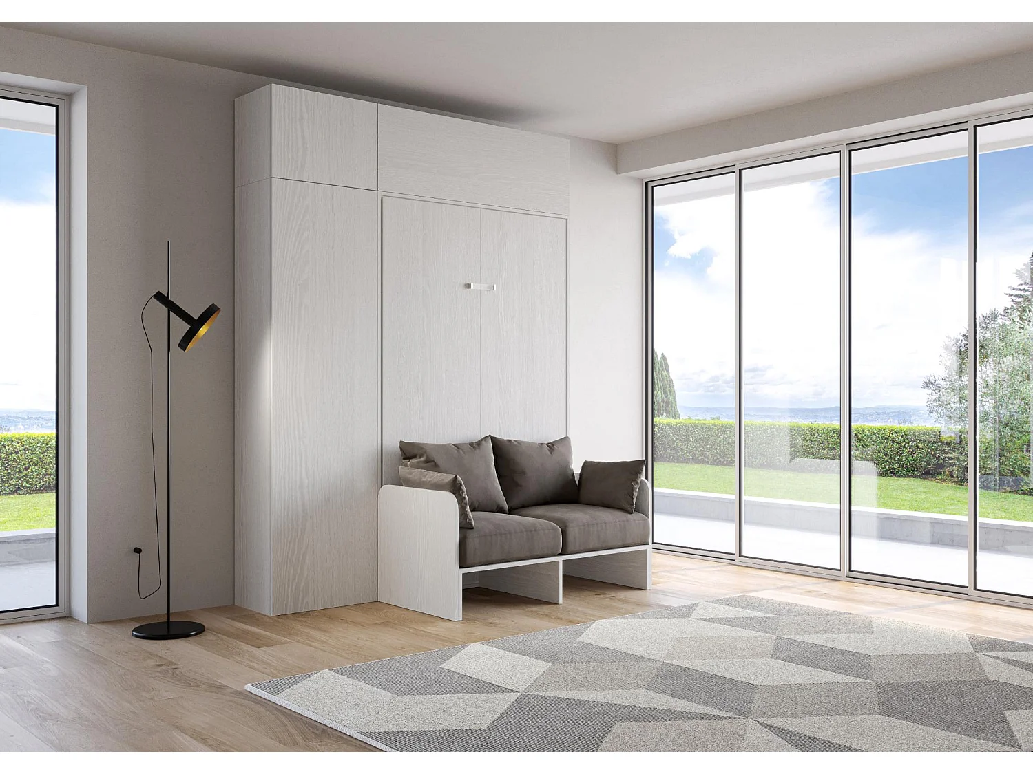 Armoire lit 1 place et demi escamotable vertical 120 Kentaro Sofa avec meublier Frêne Blanc -A20