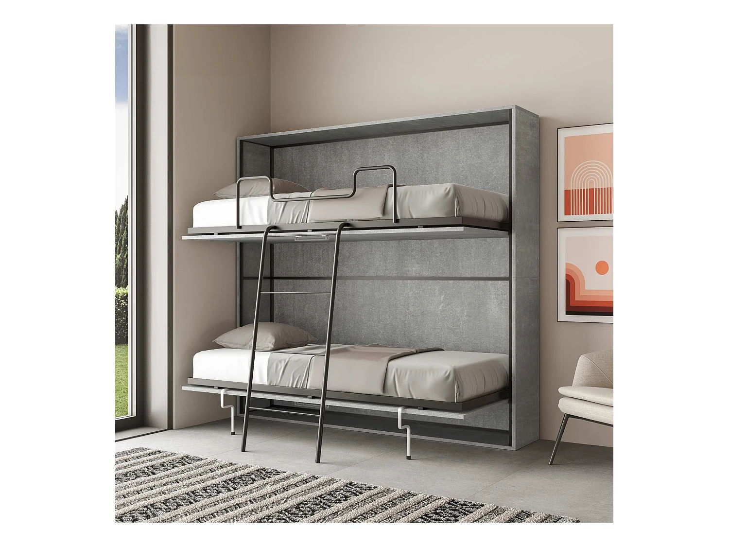 Lit escamotable horizontal superposé 2 couchages 85 Kando avec matelas Gris Béton