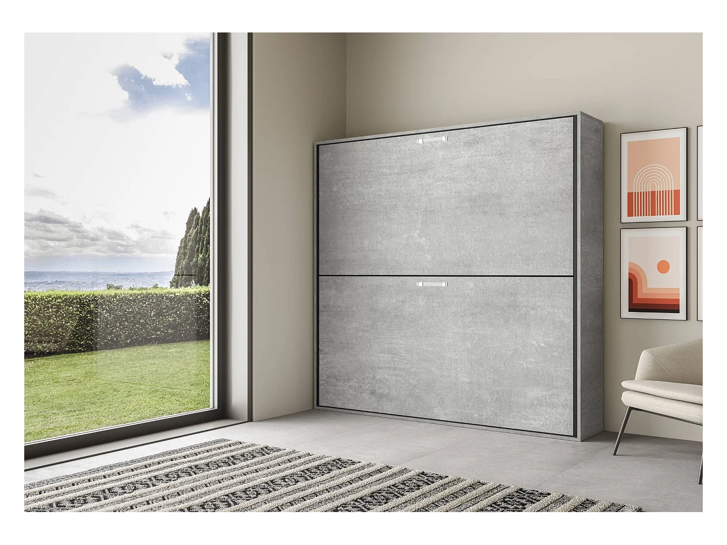 Lit escamotable horizontal superposé 2 couchages 85 Kando avec matelas Gris Béton