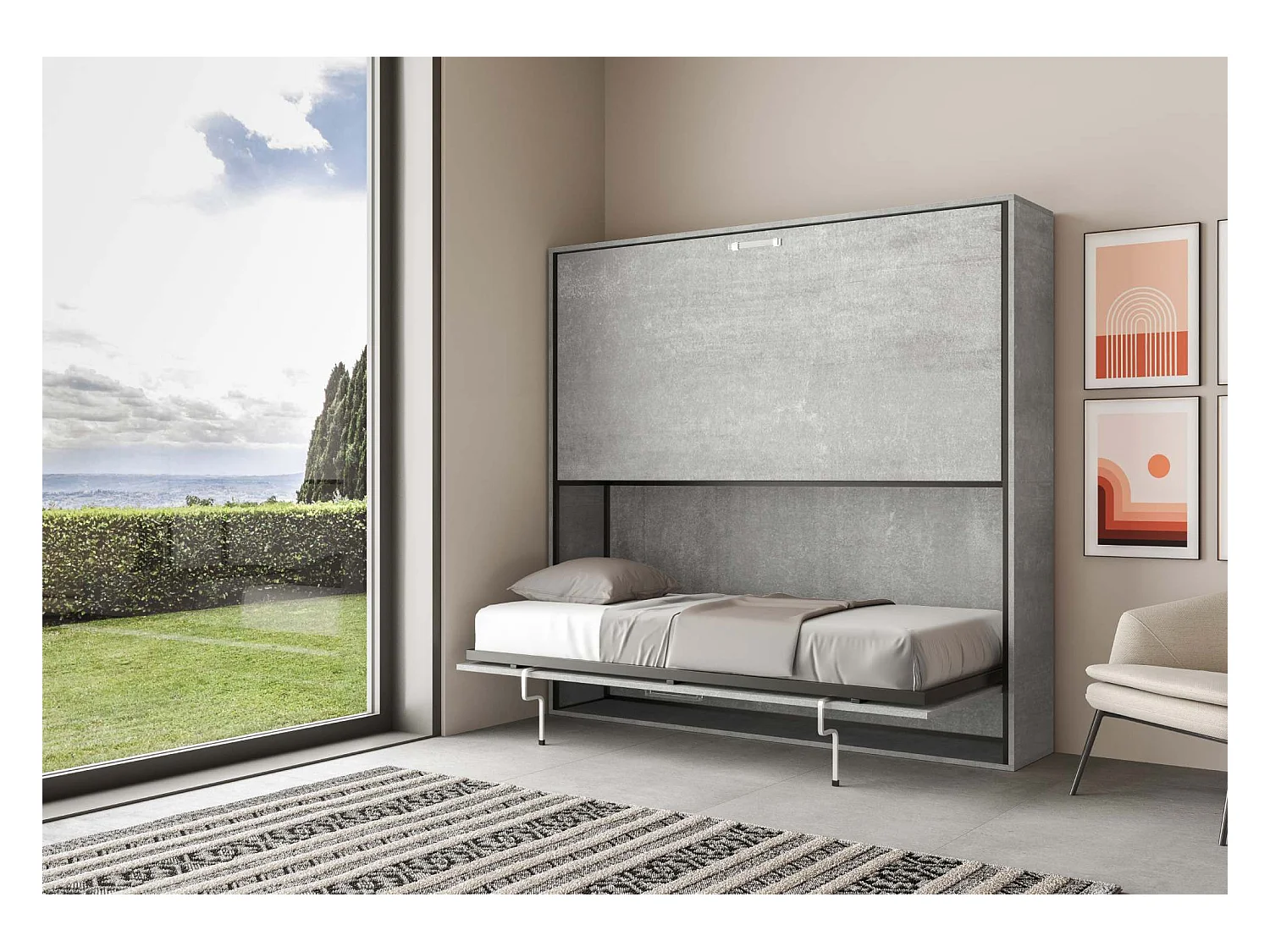 Lit escamotable horizontal superposé 2 couchages 85 Kando avec matelas Gris Béton